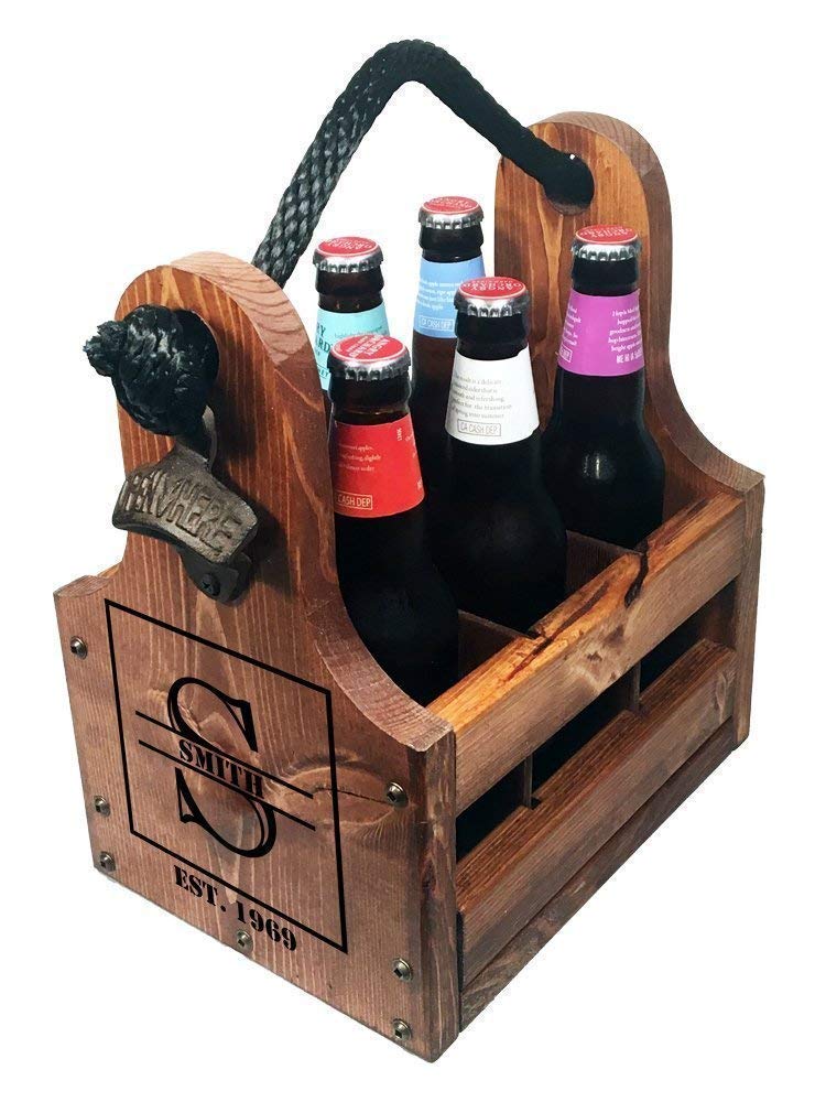 Personalized Wooden Beer Caddy with Bottle Opener & Magnetic Cap Catcher - Handmade Rustic 6-Pack Carrier, Custom Monogram & Date Gift for Men - Perfect for BBQ, Tailgating, Camping & Father's Day