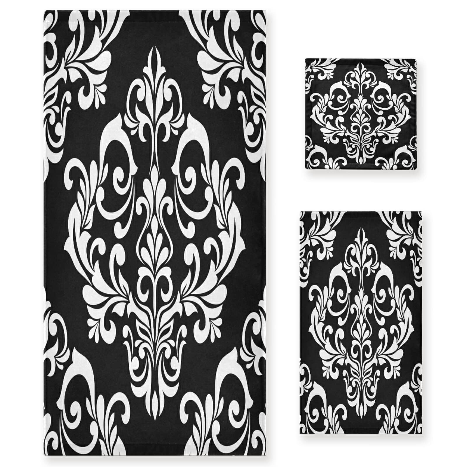 Luxury Black Damask Baroque Floral Bath Towels - Ultra Soft & Highly Absorbent - Set of 3 for Home, Hotel & Spa - Perfect for Bathroom Decor, Guest Towels & Luxury Bath Experience