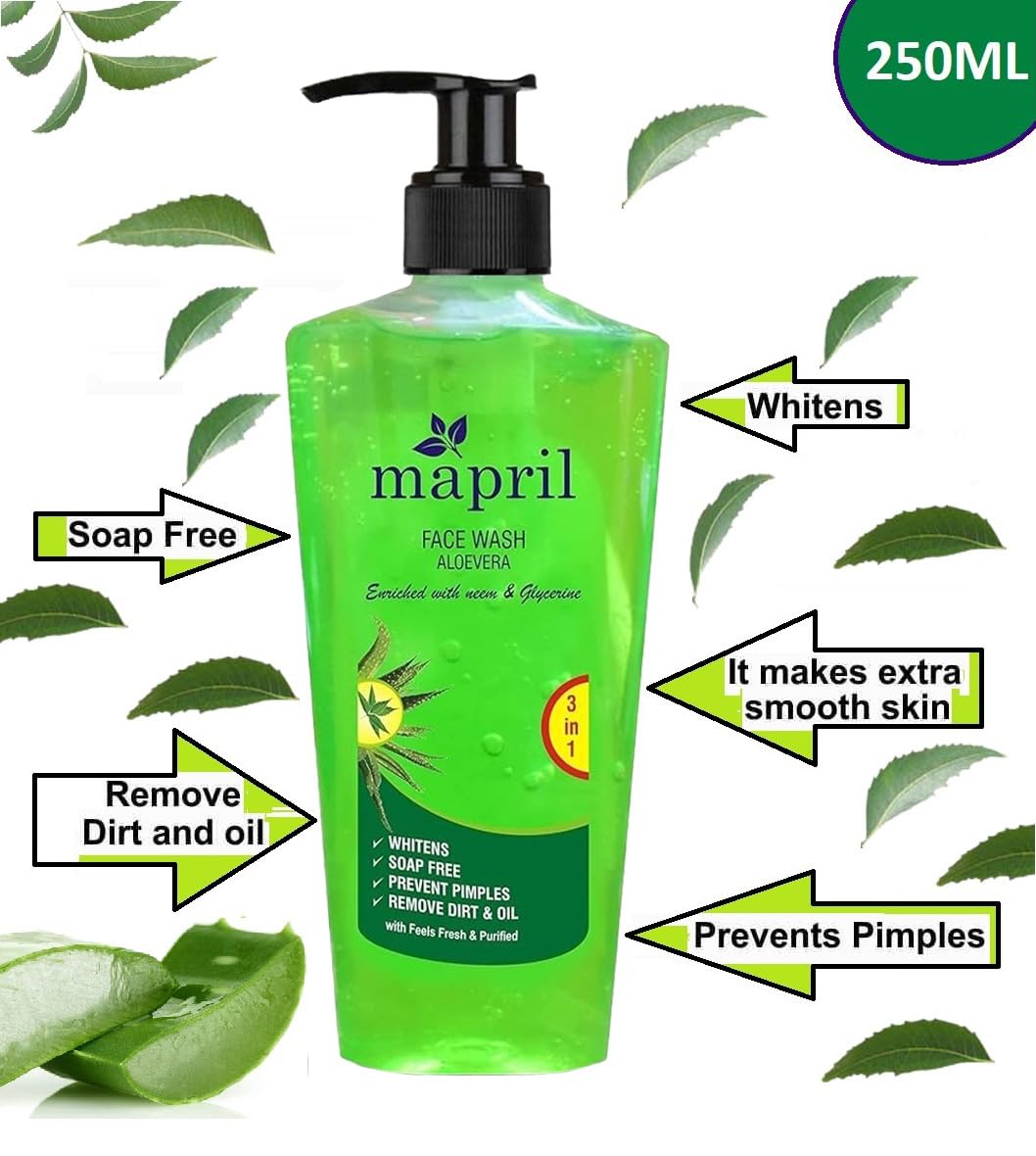 Mapril Purifying Face Wash with Neem & Aloe Vera Extracts - Oil-Free, Pimple Prevention, Softens Skin (250ml) - Perfect for Daily Cleansing & Acne-Prone Skin Care