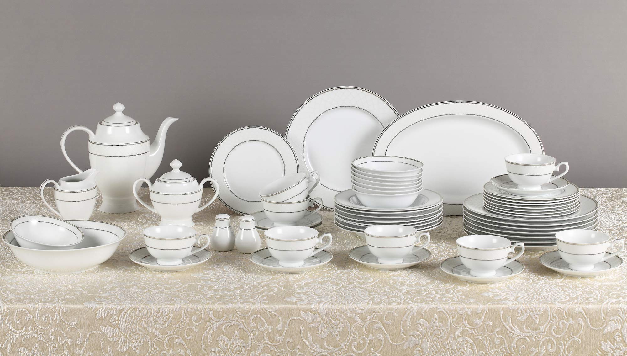 57-Piece Elegant Bone China Dinnerware Set for 8 - Silver Trim, Formal Dining & Special Occasions