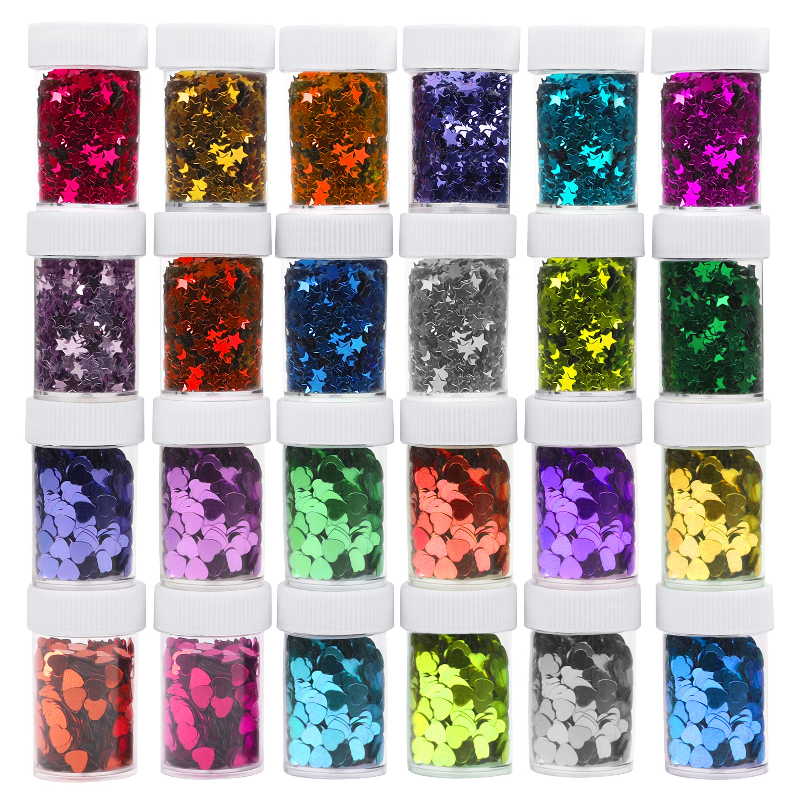 Kurtzy Heart & Star Sequin Pots (24 Pack) - Colorful Glitter Jars for Crafts & Parties
