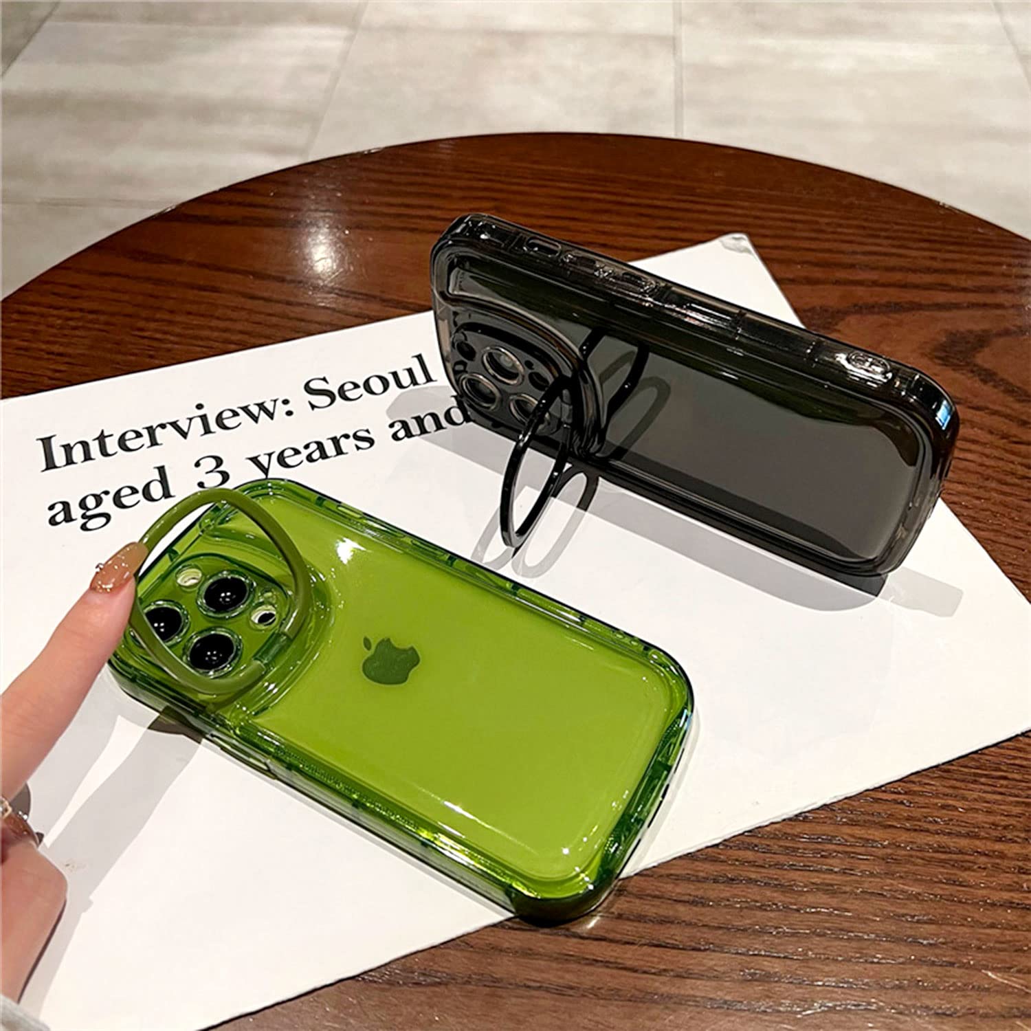 Ownest Clear Kickstand Shockproof iPhone 12 Pro Max Case - Slim TPU Protective Cover with Camera Holder & Creative Design | Perfect for Outdoor Activities, Travel & Daily Use (Green)