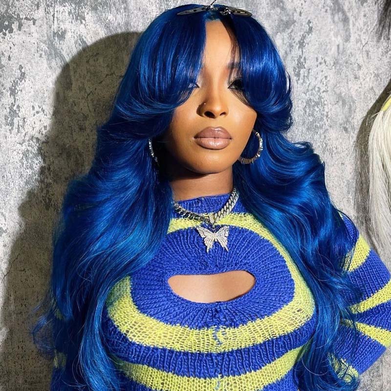 Eullair Blue Body Wave Human Hair Wig with Layered Curtain Bangs | Glueless Lace Frontal Wig | Straight & Wavy Style | Perfect for Cosplay, Halloween & Daily Fashion