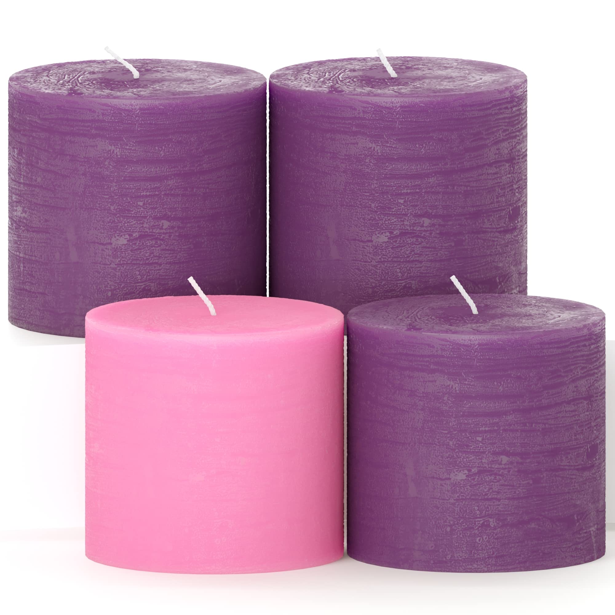 Premium CANDWAX 3x3 Inch Purple Advent Pillar Candles Set of 4 - Unscented Non-Drip Rustic Candles for Christmas Decor, Advent Wreath & Holiday Centerpieces - Perfect for Church, Home & Festive Seasonal Decorations