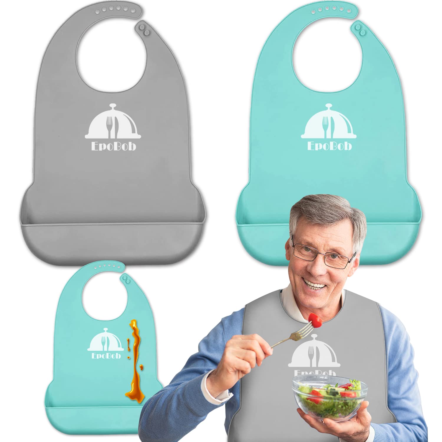 2 Pack Silicone Adult Bibs with Crumb Catcher - Reusable, Adjustable & Washable Bibs for Elderly Men & Women - Perfect for Dining, Feeding Assistance & Mealtime Protection