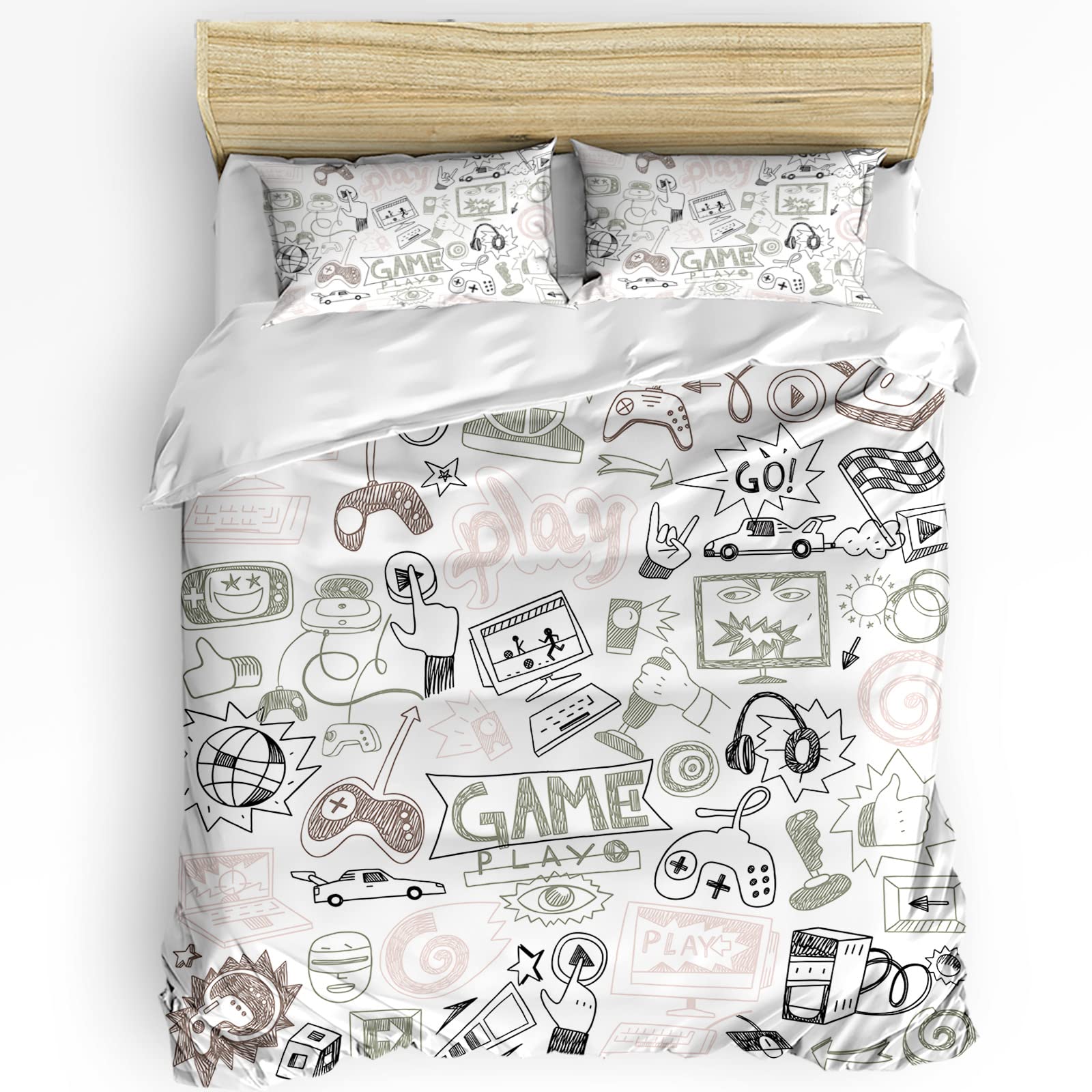 3-Piece California King Bedding Set - Black & White Cartoon Game Retro Graffiti Duvet Cover with 2 Pillowcases | Soft Breathable Microfiber for Kids, Teens & Adults | Perfect for Gaming Rooms, Dorm Decor & Unique Gift Ideas