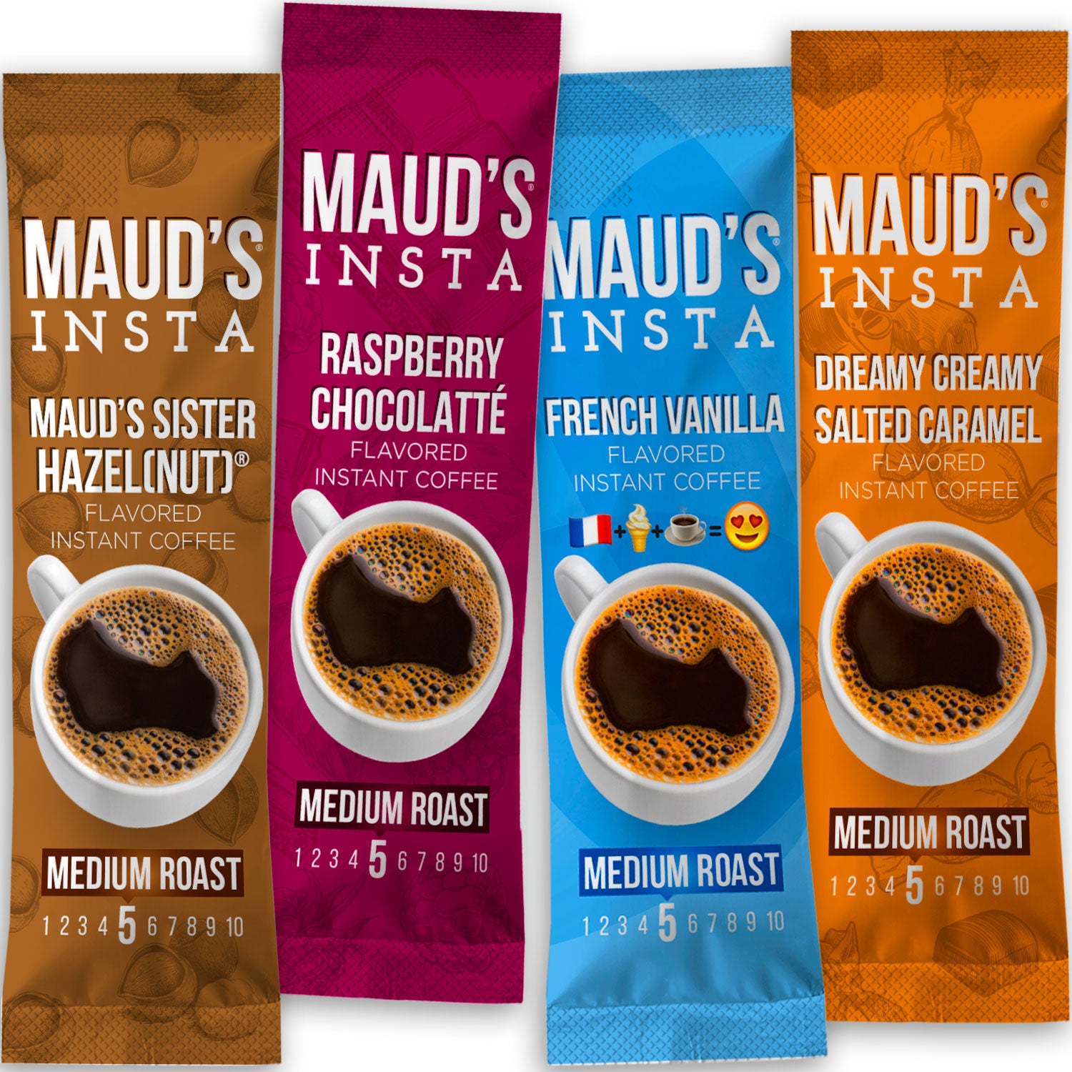 Maud's Instant Flavored Coffee Variety Pack - 12 Single Serve Packets | Caramel, Vanilla & Hazelnut Flavors | Perfect for Office, Travel & Camping