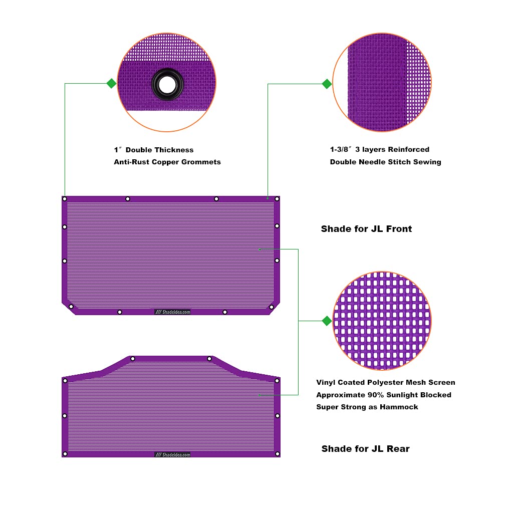 Shadeidea JL Sun Shade Top for Jeep Wrangler 2 Door (2018-2023) - Purple Mesh UV Protection Sunshade Cover with Grab Bag Pouch | Front & Rear Shade | 10-Year Warranty | Perfect for Off-Roading, Beach Trips & Summer Driving