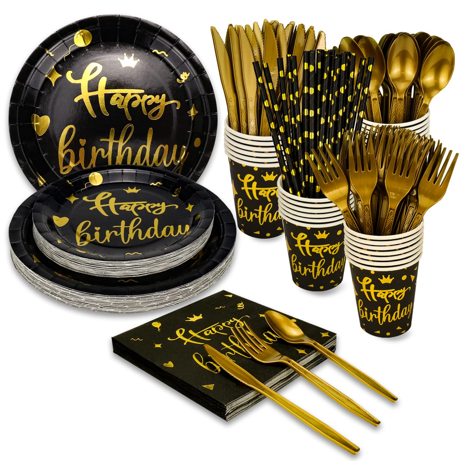 200-Piece Gold Disposable Party Dinnerware Set - Black Paper Plates, Napkins, Cups with Gold Plastic Cutlery (Forks, Knives, Spoons) for Birthday, Wedding & Holiday Celebrations