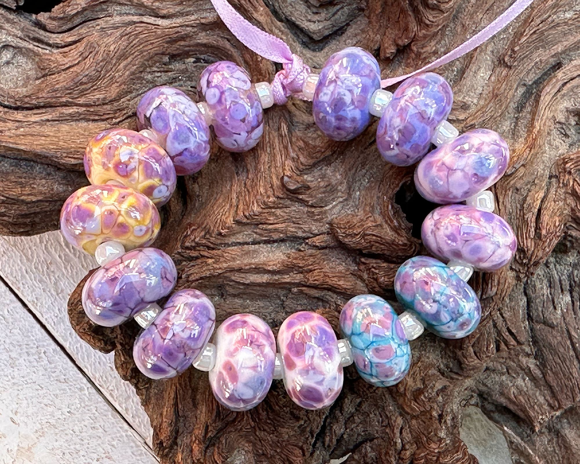 14 Vibrant Purple Mosaic Lampwork Glass Beads Set for Jewelry Making - DIY Bracelet, Necklace & Craft Projects (SRA)