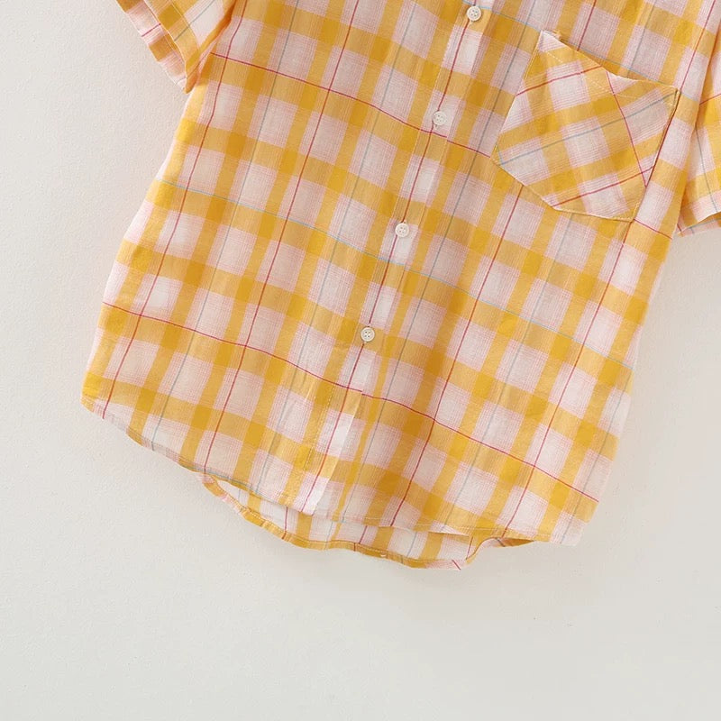Stylish Women's Plaid Shirt - Summer Short Sleeve Thin Button Down Top for Casual Outings & Beach Cover Ups
