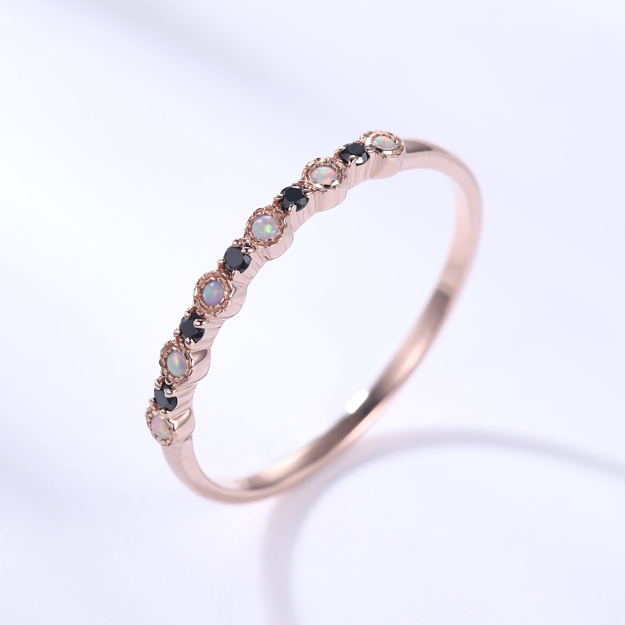 14k Rose Gold Opal Black Onyx Wedding Band - Stackable Milgrain Ring for Women | Perfect for Bridal Jewelry, Anniversary Gifts & Everyday Elegance