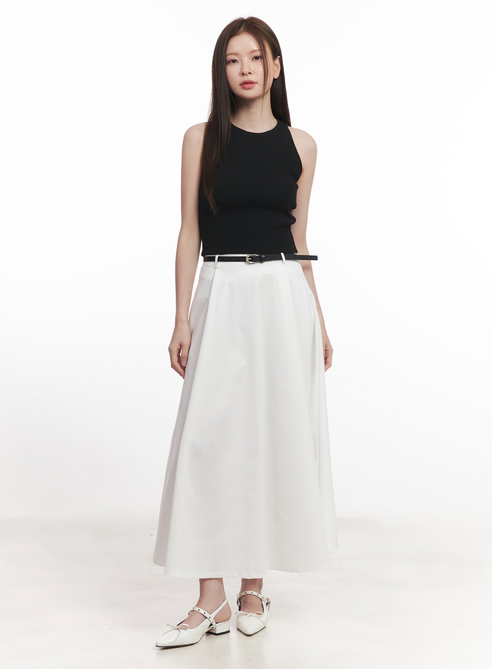 Flowy Pintuck Flare Maxi Skirt with Belt - Women's Elegant A-Line Long Skirt for Summer, Beach, and Casual Outings | CA501