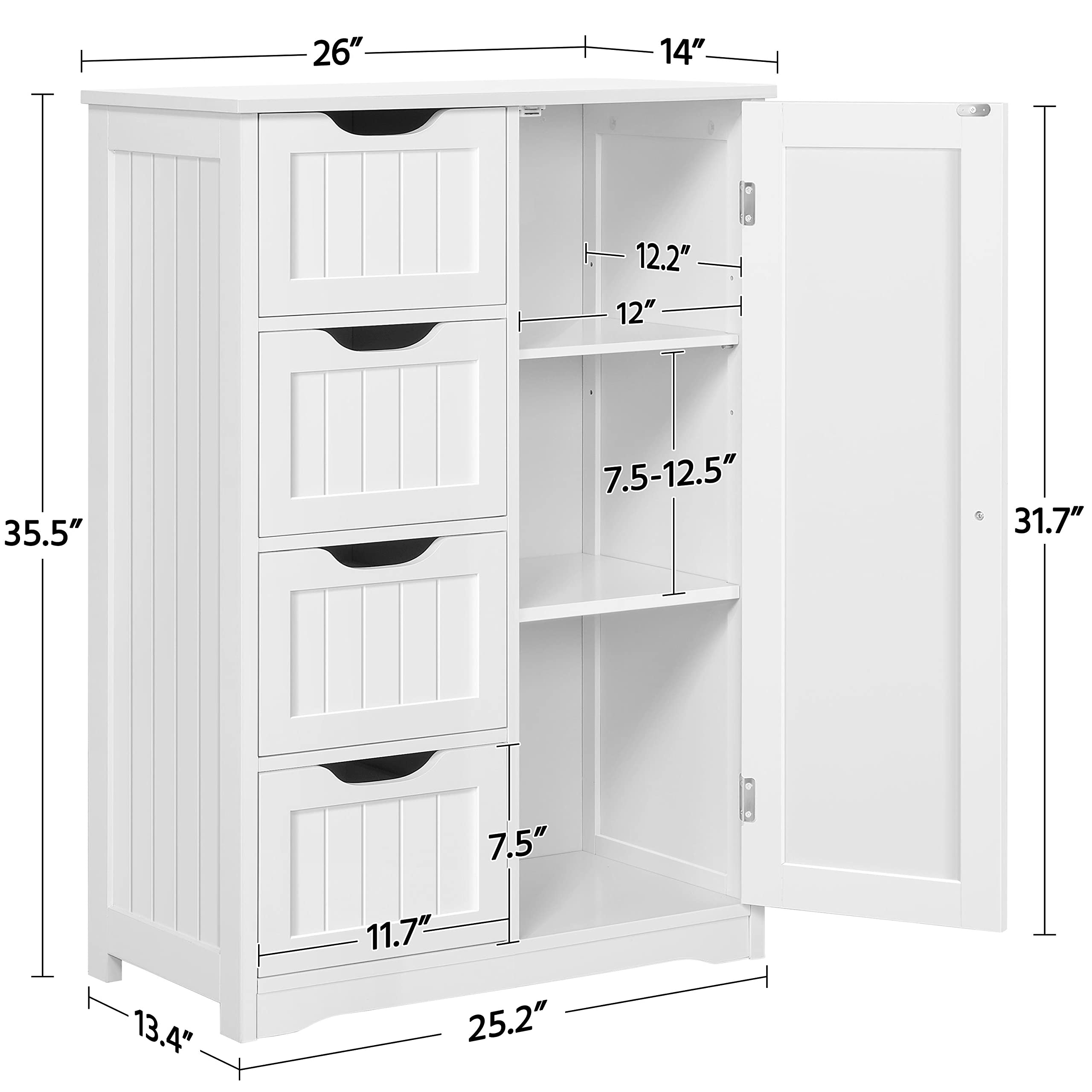 Topeakmart White Freestanding Bathroom Storage Cabinet with 4 Drawers & Door - Organize Living Room, Hallway, or Bedroom - Space-Saving Floor Cabinet for Towels, Toiletries & Home Essentials