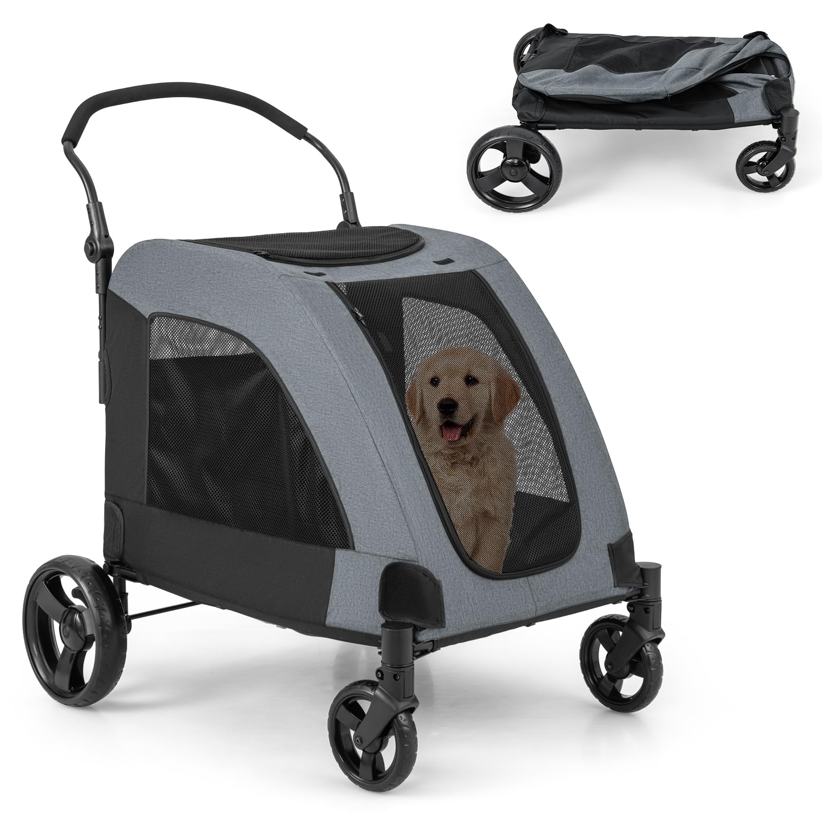 **Giantex Extra Large Dog Stroller for Big Dogs & Cats - Heavy Duty Pet Stroller for Senior Dogs, Safety Belt, Adjustable Handle, Removable Cushion, Foldable Design - Up to 132 lbs (Gray) - Perfect for Jogging, Shopping & Outdoor Adventures**