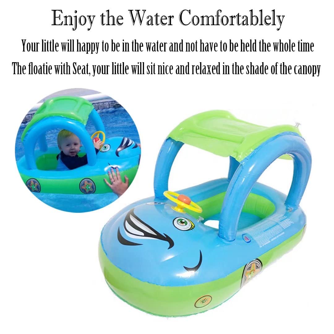 Inflatable Baby Pool Float with Canopy & Steering Wheel - Sunshade Swim Ring Boat for Toddlers & Kids - Perfect for Summer Swimming, Beach Trips and Backyard Pool Fun