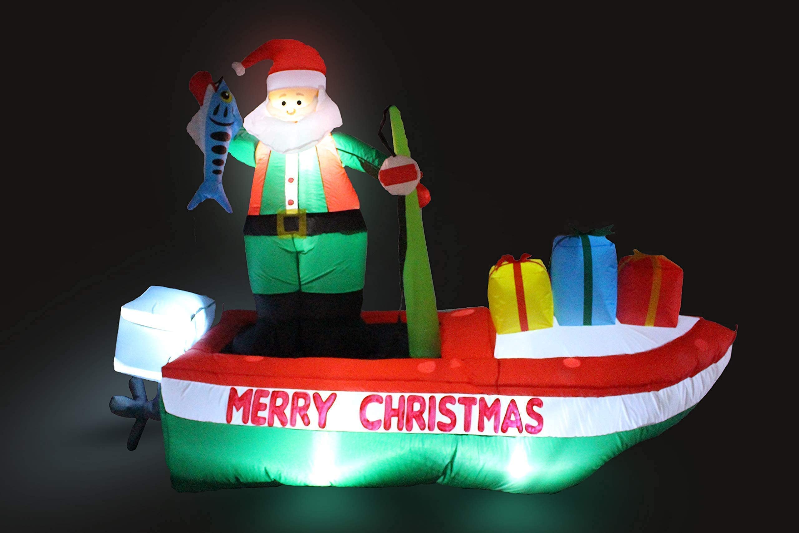 7ft Inflatable Santa Claus & Penguin Island with Palm Tree + 8ft Inflatable Santa Fishing Boat with Lights - Christmas Party Decorations Bundle for Outdoor Yard, Lawn, and Holiday Festive Decor