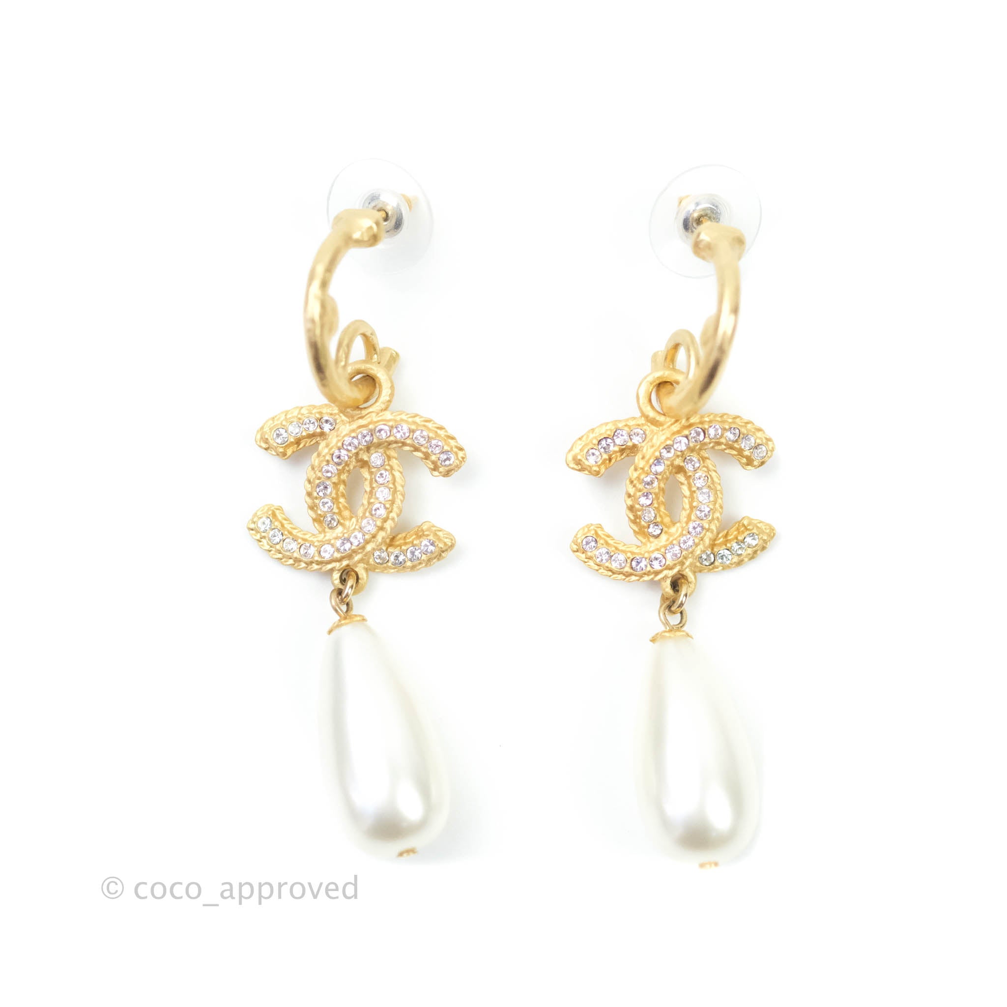 Chanel CC Crystal Pearl Drop Earrings - Matte Gold Tone 20P - Elegant Luxury Jewelry for Women, Perfect for Parties, Weddings & Special Occasions