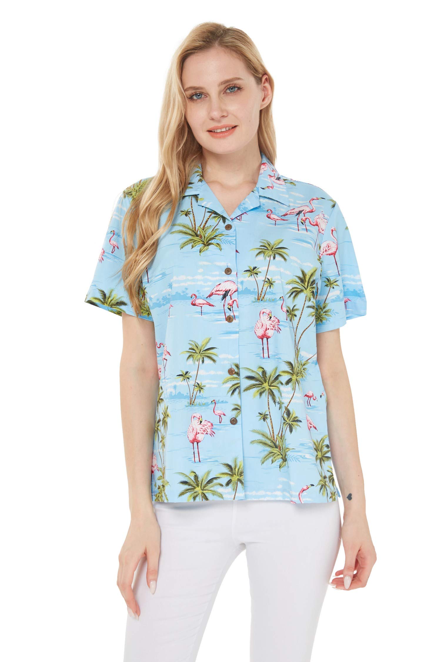 Hawaiian Couple Matching Aloha Shirts - Pink Flamingo Print on Turquoise Fabric for Luau Party, Beach Vacation & Tropical Date Night