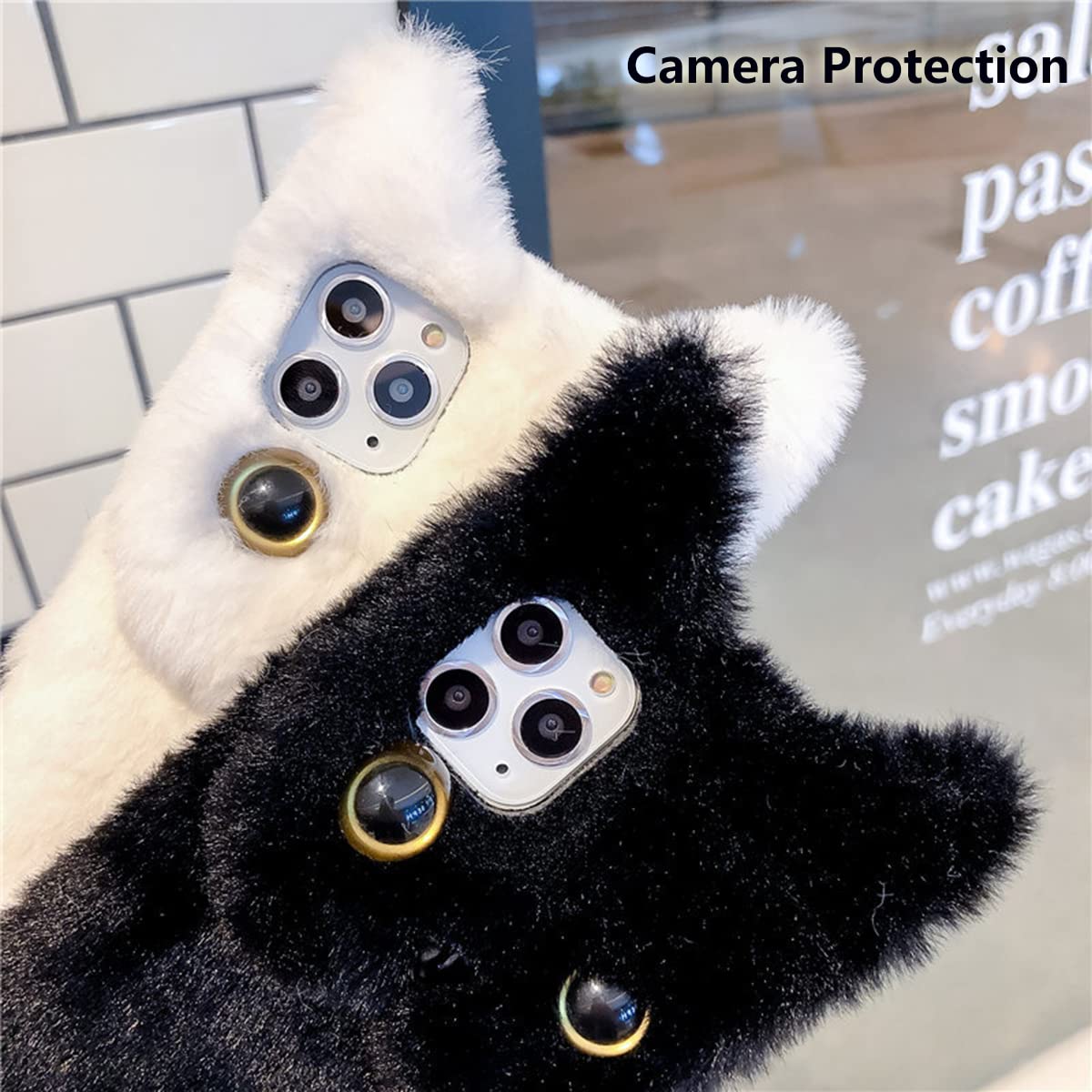 Cute Cat Phone Case for iPhone 12 Pro Max - Warm Winter Fluffy Furry Plush Protective Cover with Soft TPU Shockproof & Anti-Scratch Design (Black) - Perfect for Daily Use, Gifts & Cold Weather Protection