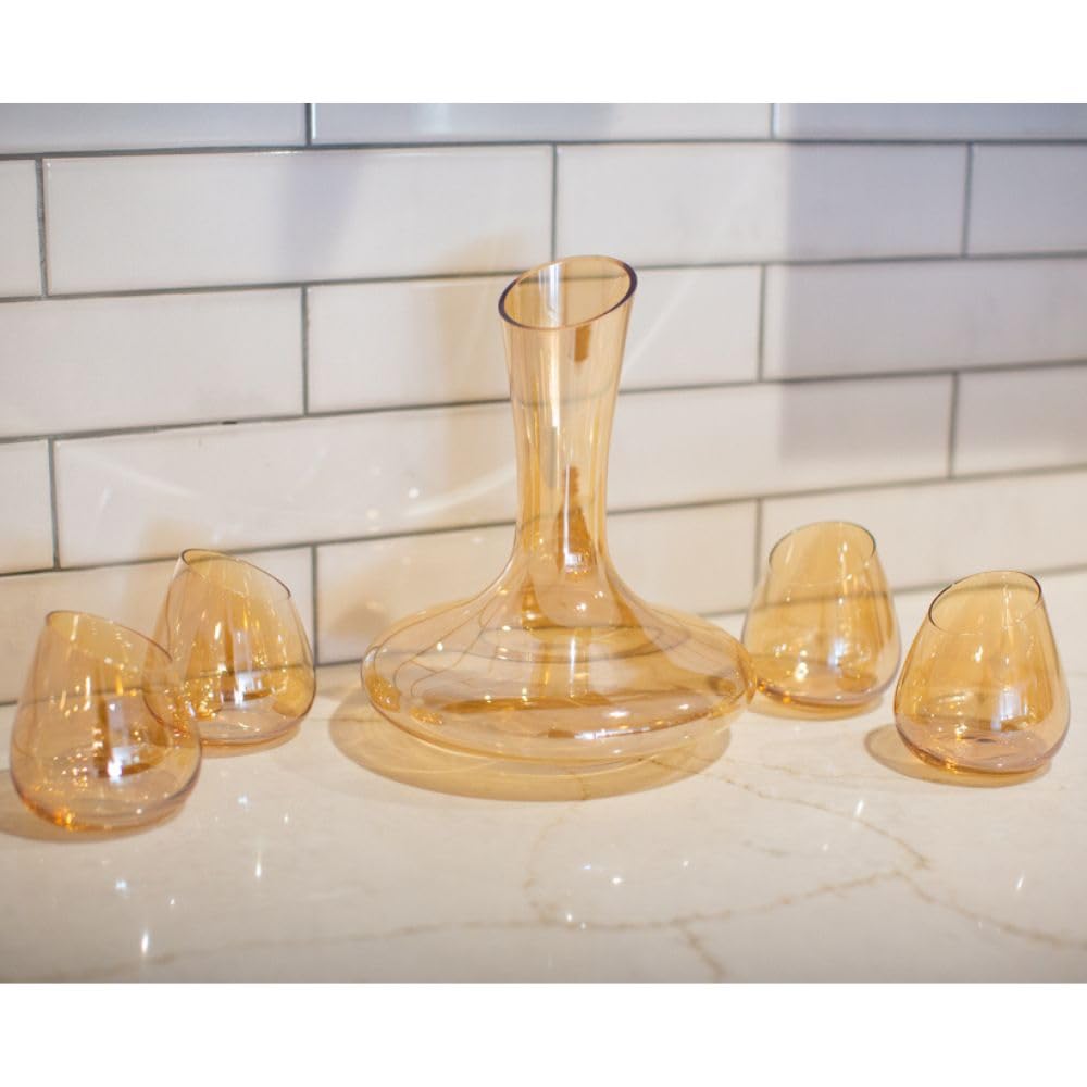 Luxury Gold Wine Glasses Set - 5 Piece (4 Stemless Glasses + 1 Decanter) with Angled Rim for Perfect Aeration | Elegant Modern Barware for Parties, Weddings & Home Decor | Premium Cocktail & Wine Tasting Accessories