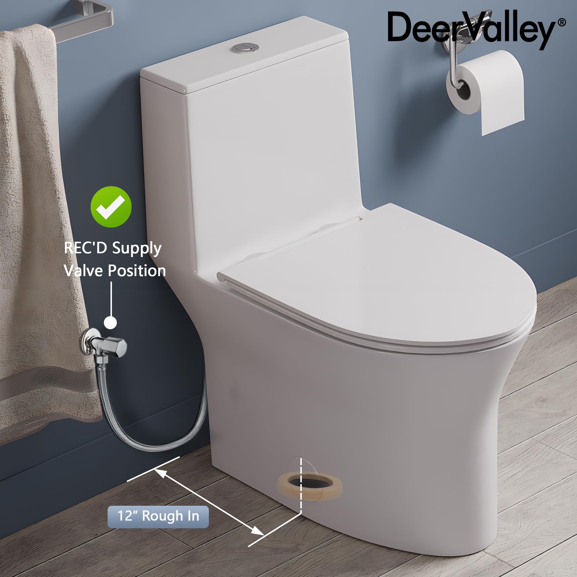 DeerValley DV-1F0250 Compact One Piece Toilet - Space Saving Dual Flush (0.8/1.28 GPF) with Comfort Chair Height for Small Bathrooms - Powerful & Quiet Flush System (MAP 900g) - Ideal for Apartments, Tiny Homes & Powder Rooms