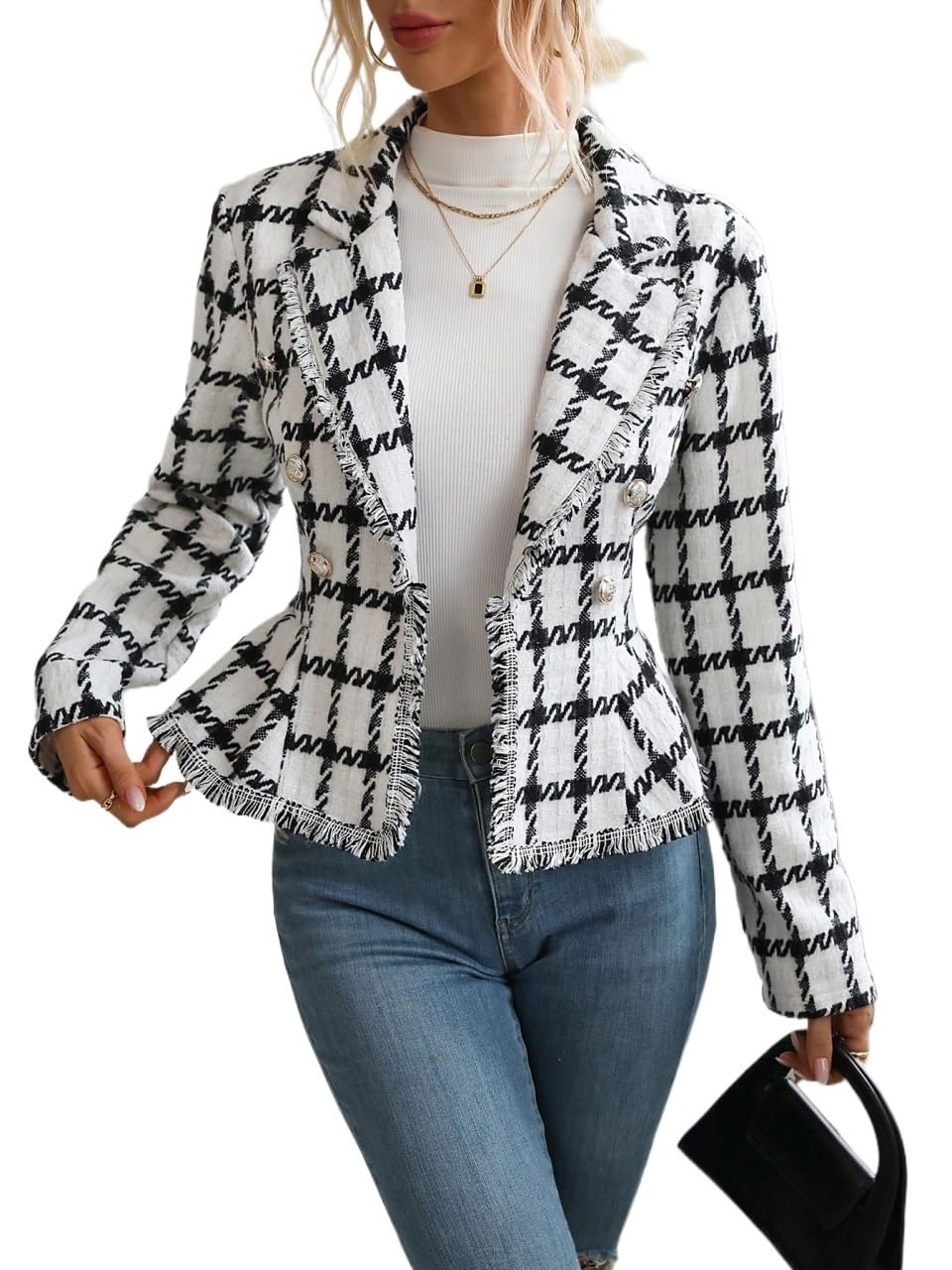 Women's Plaid Pattern Tweed Blazer - Dressy Casual Raw Trim Jacket for Office, Work, and Business Meetings | Stylish & Comfortable Outerwear for Professional Women