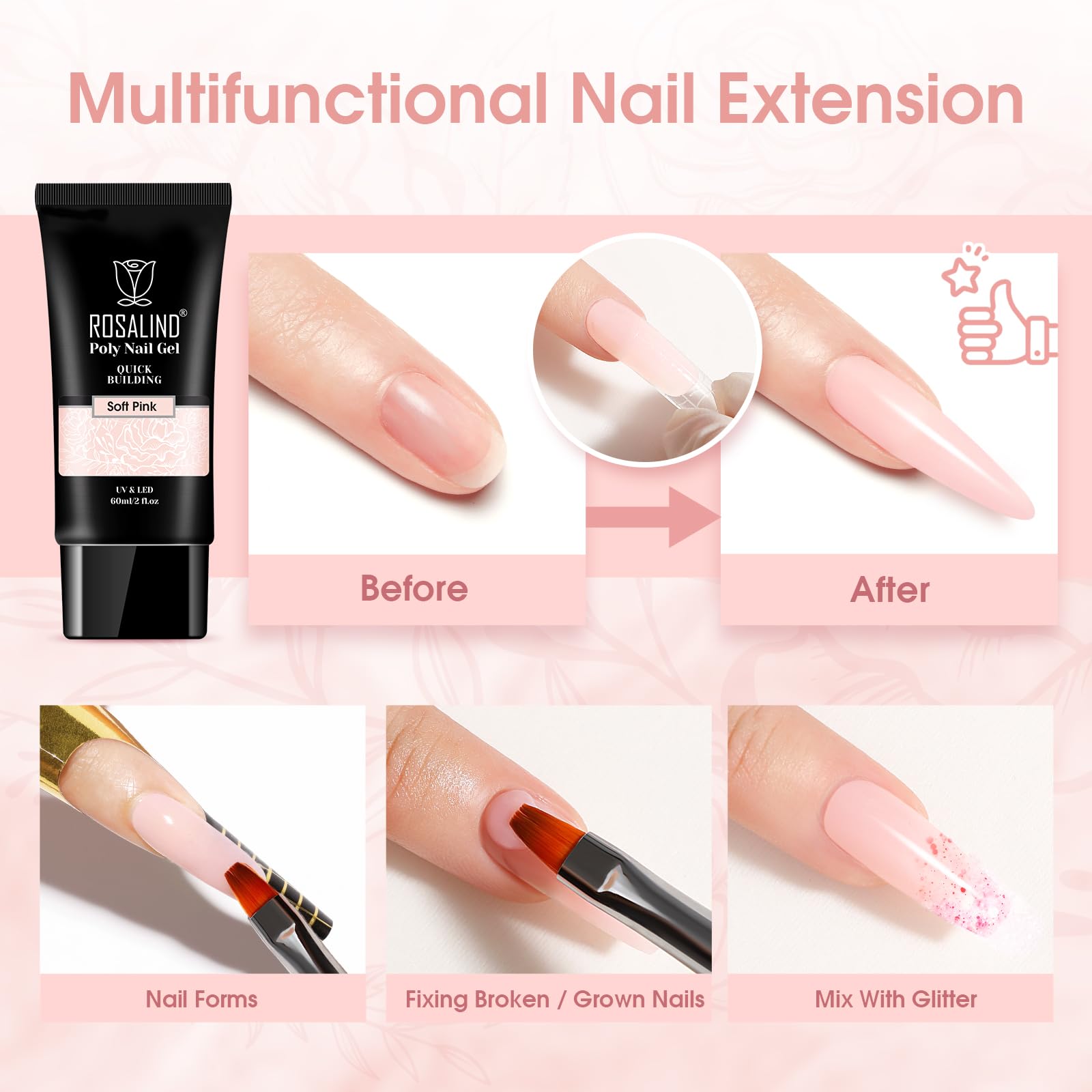 ROSALIND Soft Pink Poly Nail Gel - 2oz Nail Extension Gel for DIY Nail Art & Thickening - UV/LED Lamp Required - Perfect for Salon & Home Manicures, Nail Enhancements & Creative Designs