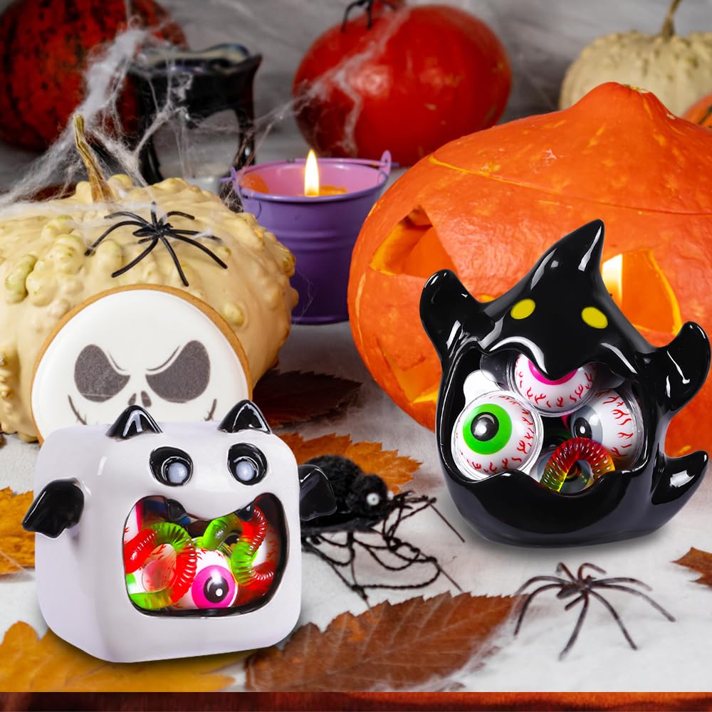 2-Pack Halloween Ghost Bat Ceramic Candy Bowls - Spooky Candy Dish & Candle Holder for Halloween Party Decor, Tiered Tray Ornament, Home Tableware Decorations - Perfect for Trick-or-Treat, Haunted House Parties & Fall Home Decor