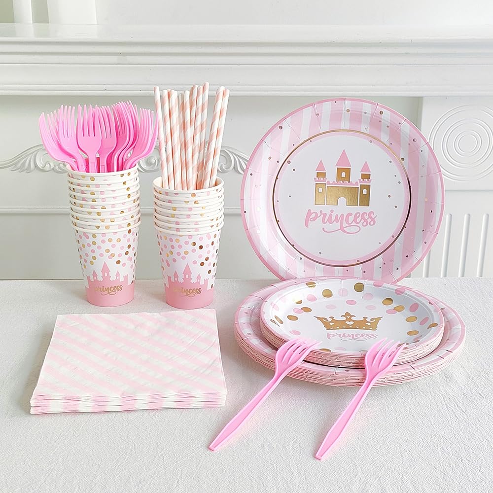 96Pcs Pink Gold Princess Birthday Party Decorations Set - Disposable Plates, Napkins, Cups, Forks & Straws - Castle Crown Theme Tableware for Girls, Baby Shower & Birthday Favors (Serves 16) - Perfect for Princess-Themed Parties, Tea Time & Special Celebrations