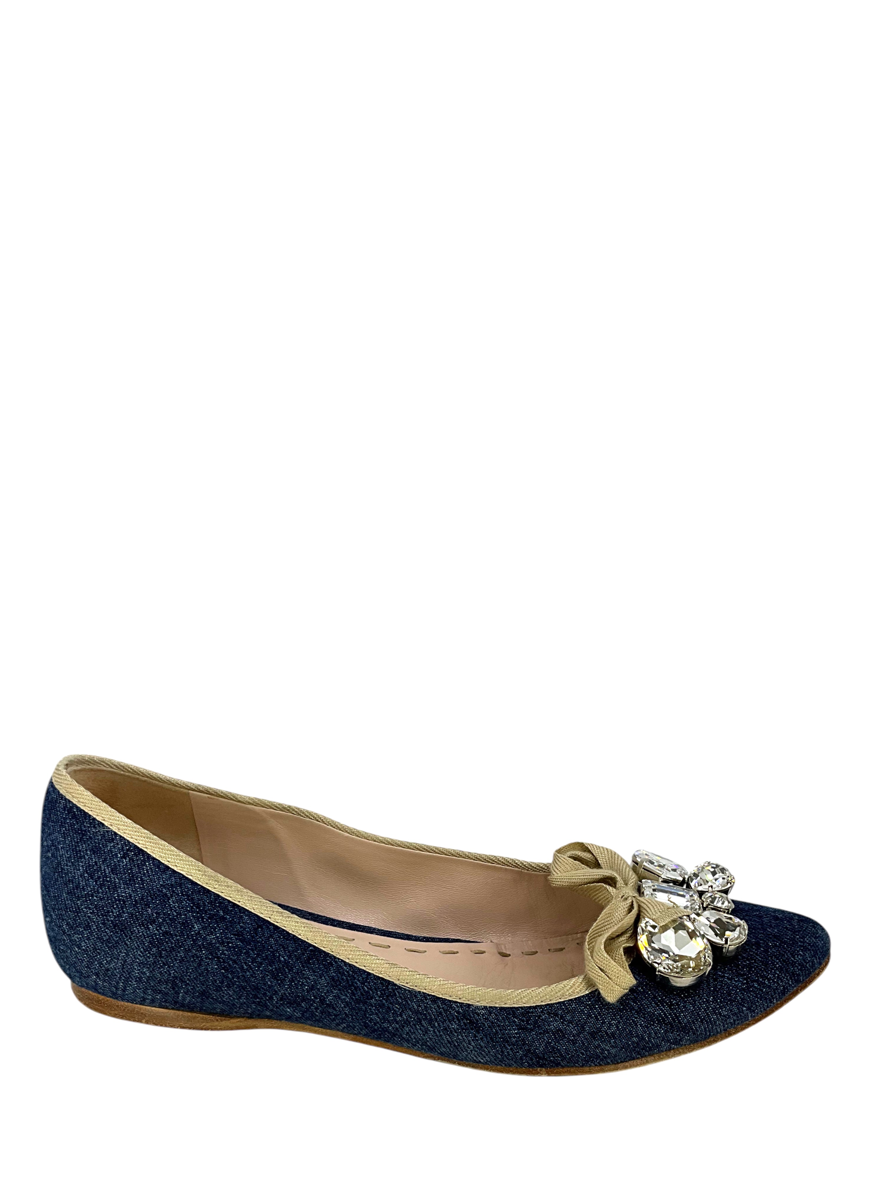 Miu Miu Washed Denim Ballet Flats for Women - Size 6 | Comfortable & Stylish Casual Shoes for Everyday Wear, Office & Date Nights