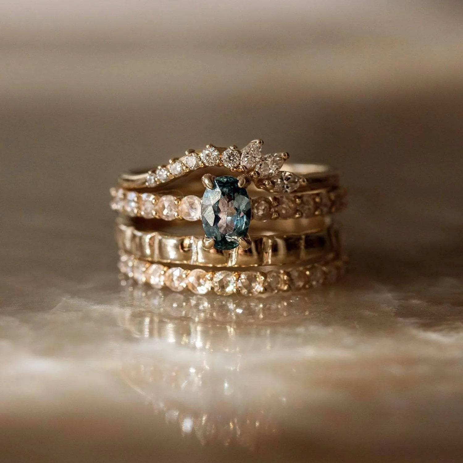 14K Yellow Gold Moonglade Ring with White Diamonds - Elegant Jewelry for Weddings, Anniversaries & Special Occasions