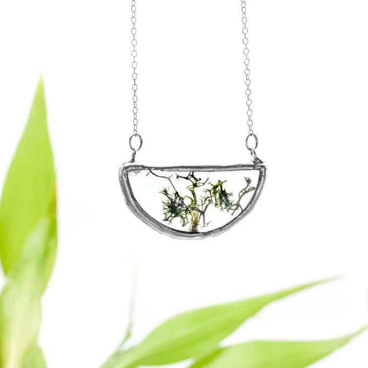 Stained Glass Half Moon Pendant Necklace with Roots Design in Silver - Perfect for Boho Fashion, Nature Lovers & Spiritual Jewelry Gifts