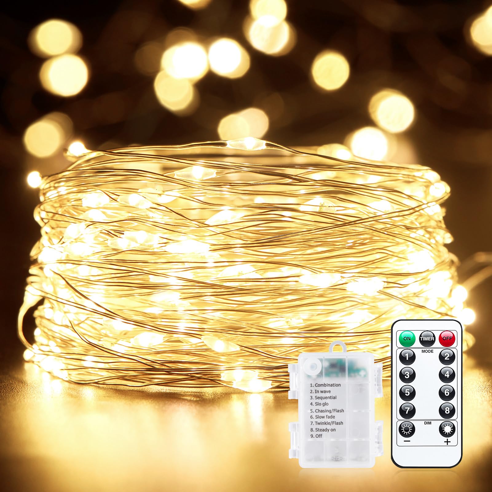 33Ft 100 LED Outdoor String Lights - Battery Operated with Remote, Waterproof Fairy Lights for Patio, Garden, Bedroom, Dorm & Christmas Decorations | Warm White Twinkle Lights for Party, Backyard, Tapestry & Indoor Use