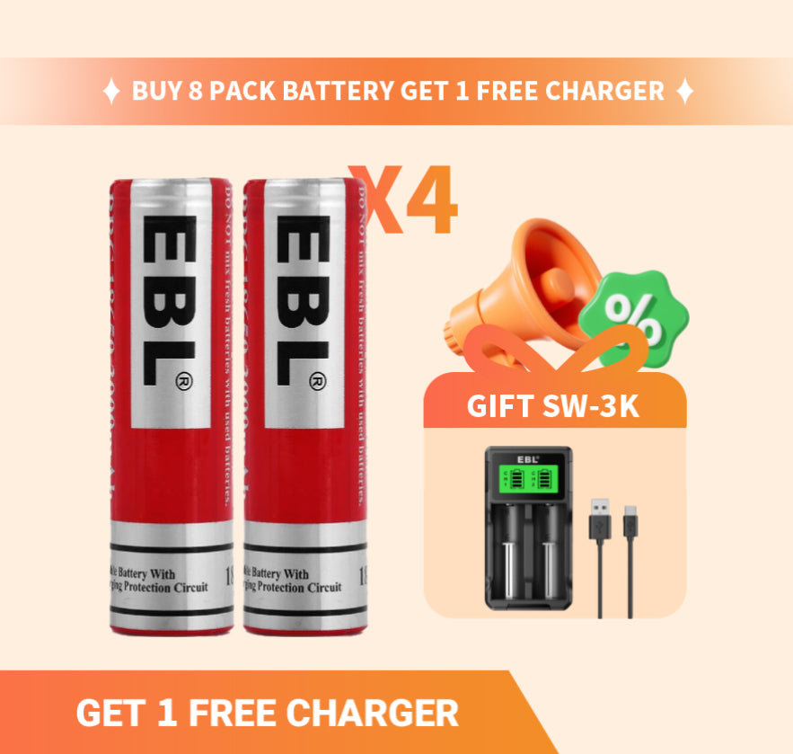 EBL 8 Pack 18650 3000mAh Rechargeable Lithium Batteries with Flat Top - High Capacity for Flashlights, Vape Mods & Electronic Devices - Mid Year Sale