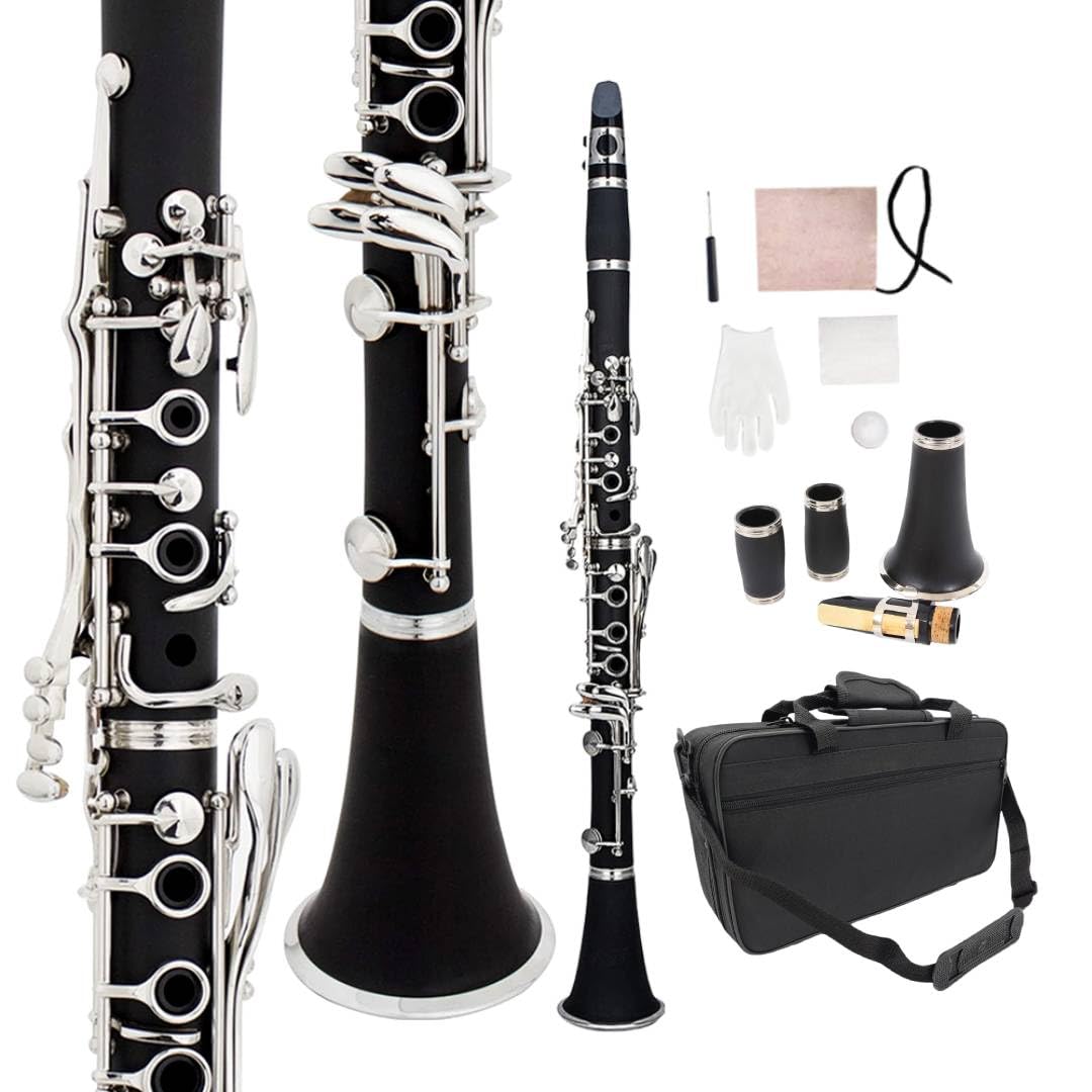 Professional Ebonite Wood Clarinet with Nickel Plated Keys - Includes Barrels, Reeds & Durable Case - Rich Sound Quality for Students, Beginners & Professional Musicians - Perfect for School Bands, Orchestras & Solo Performances