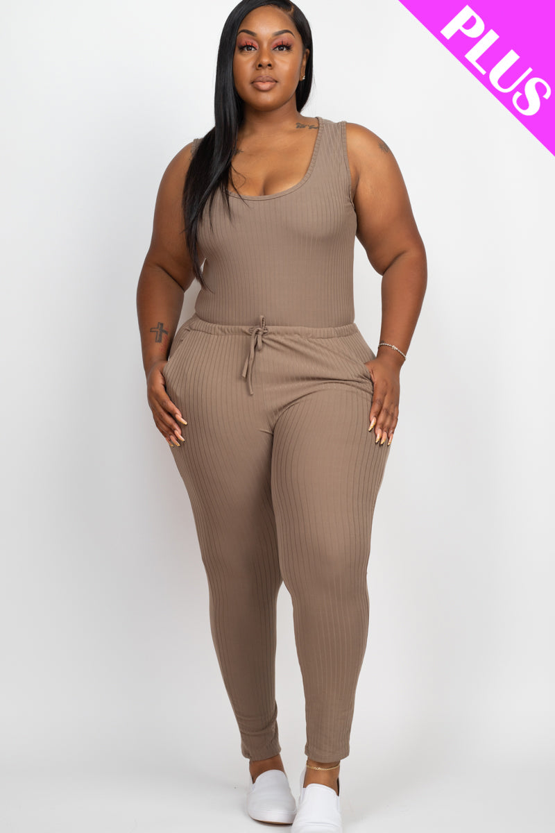 Plus Size Ribbed Sleeveless Drawstring Jumpsuit for Women - Stretchy Comfortable Romper with Adjustable Waist - Perfect for Summer, Beach, Vacation & Casual Outings