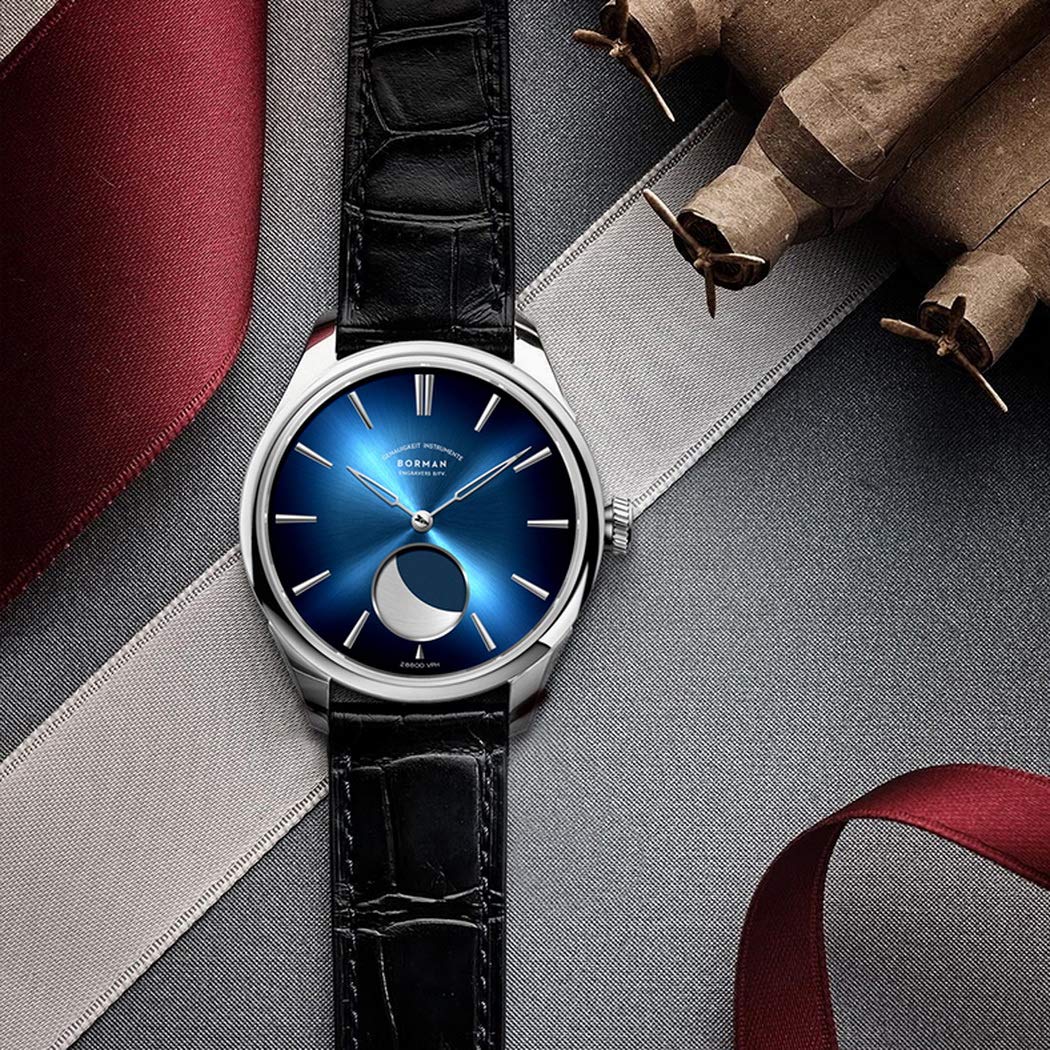 BORMAN Moonphase Automatic Watch for Men - Luxury Self-Winding Mechanical Wristwatch with Sapphire Crystal & Leather Strap, Waterproof Dress Watch for Business, Formal Occasions and Gift Giving
