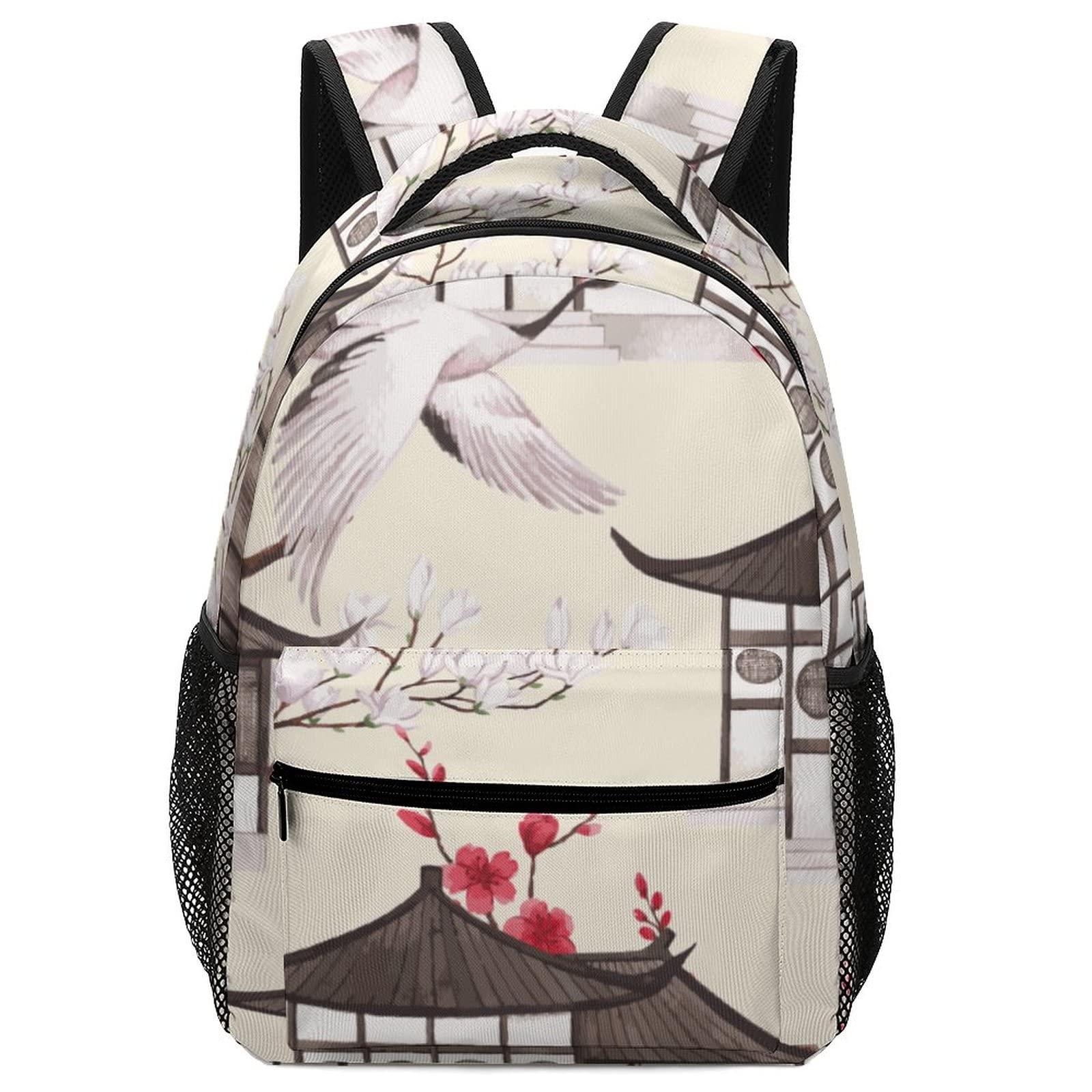 Japanese Crane Print Backpack for Kids & Teens - Lightweight School Bag, Durable Daypack for Daily Use, Travel, and Outdoor Activities