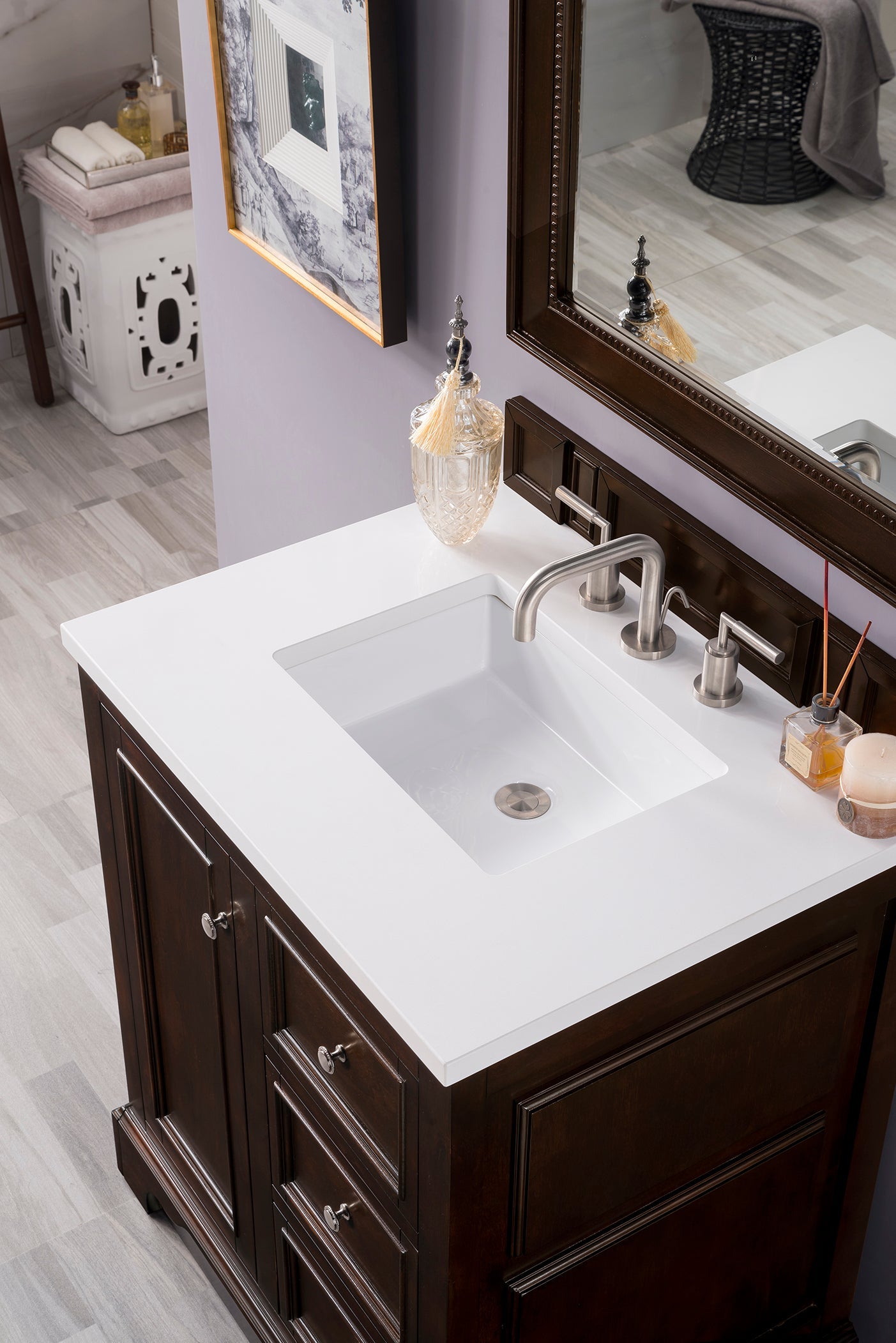 De Soto 30 Inch Single Bathroom Vanity with Burnished Mahogany Finish & 3CM Classic White Quartz Countertop - Perfect for Modern Home Bathroom Renovation and Small Space Design
