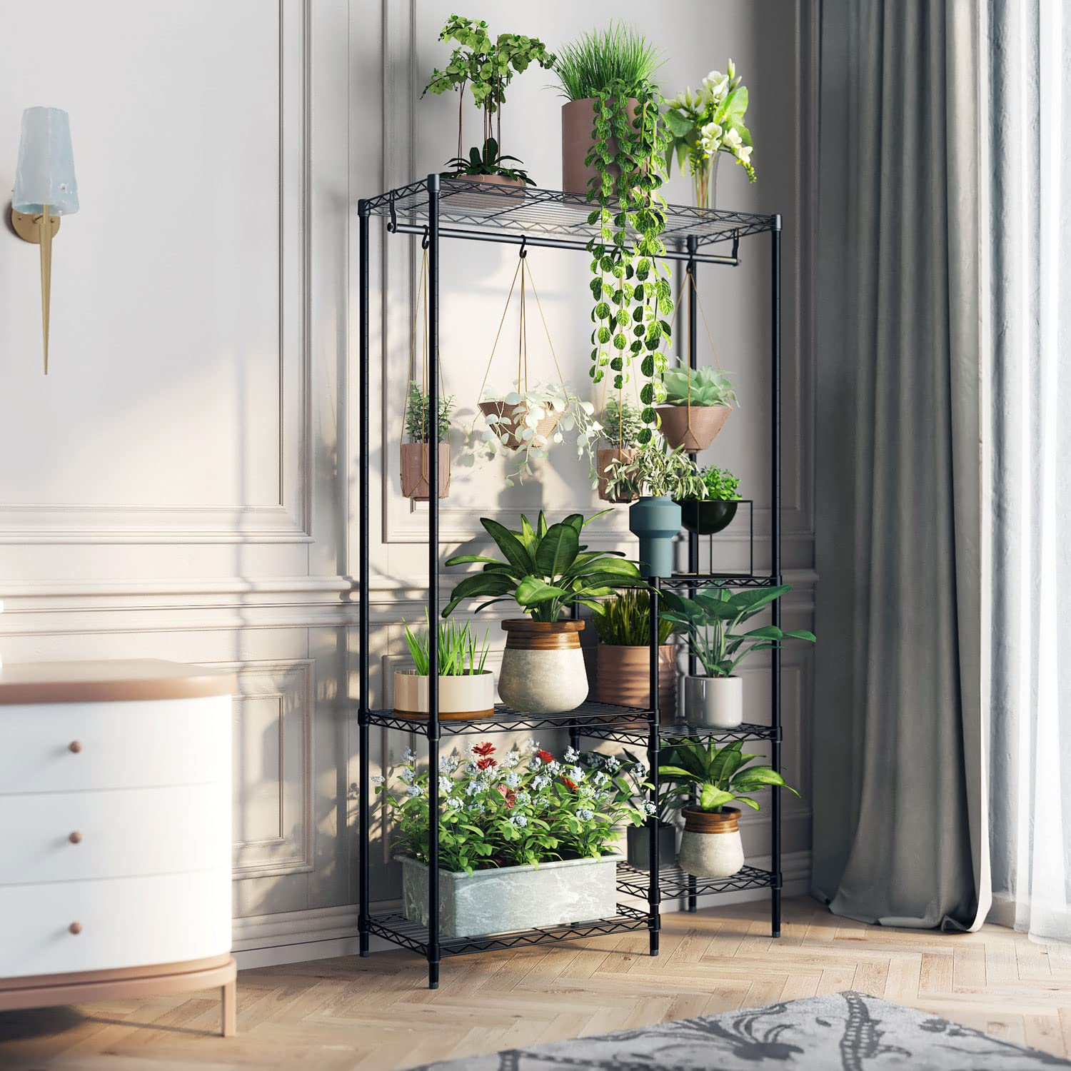 6-Tier Black Plant Stand with Hanger Rod - Indoor Outdoor Flower Shelf for 16 Pots - Perfect for Living Room, Balcony, Garden & Patio Decor