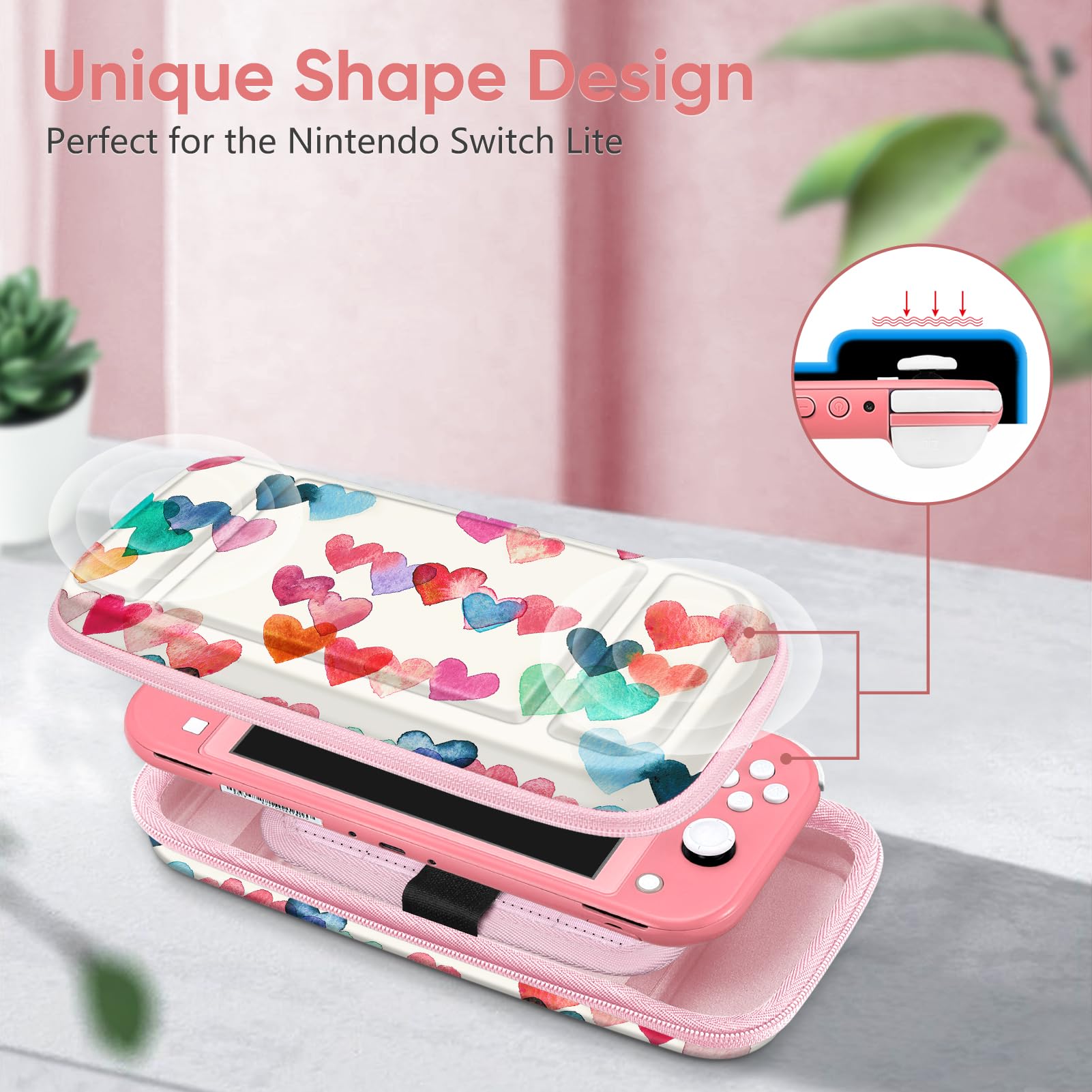 Fintie Shockproof Hard Shell Carrying Case for Nintendo Switch Lite 2019 - Protective Travel Bag with 15 Game Card & 2 Micro SD Card Slots - Compatible with Switch Lite Console & Accessories (Raining Hearts Design) - Perfect for Travel, Gaming On-The-Go & Console Protection