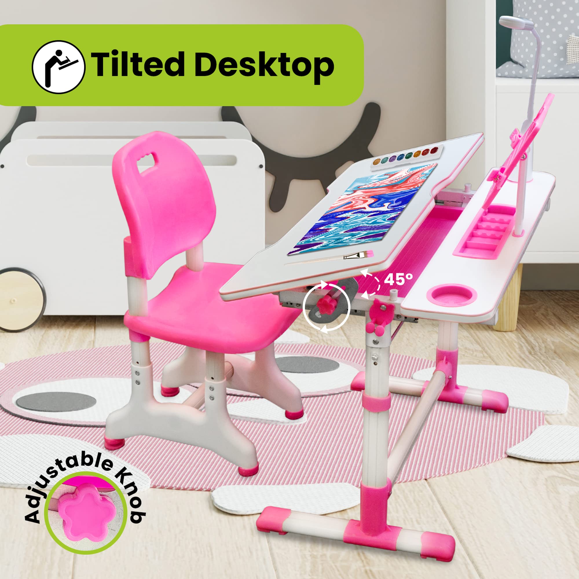 Gorilla Gadgets Adjustable Kids Table and Chair Set - Height Adjustable Children's Study Desk with Night Light for Bedroom, Playroom & Homeschooling - Perfect for Reading, Drawing & Learning Activities (DSK-Kids-PNK)