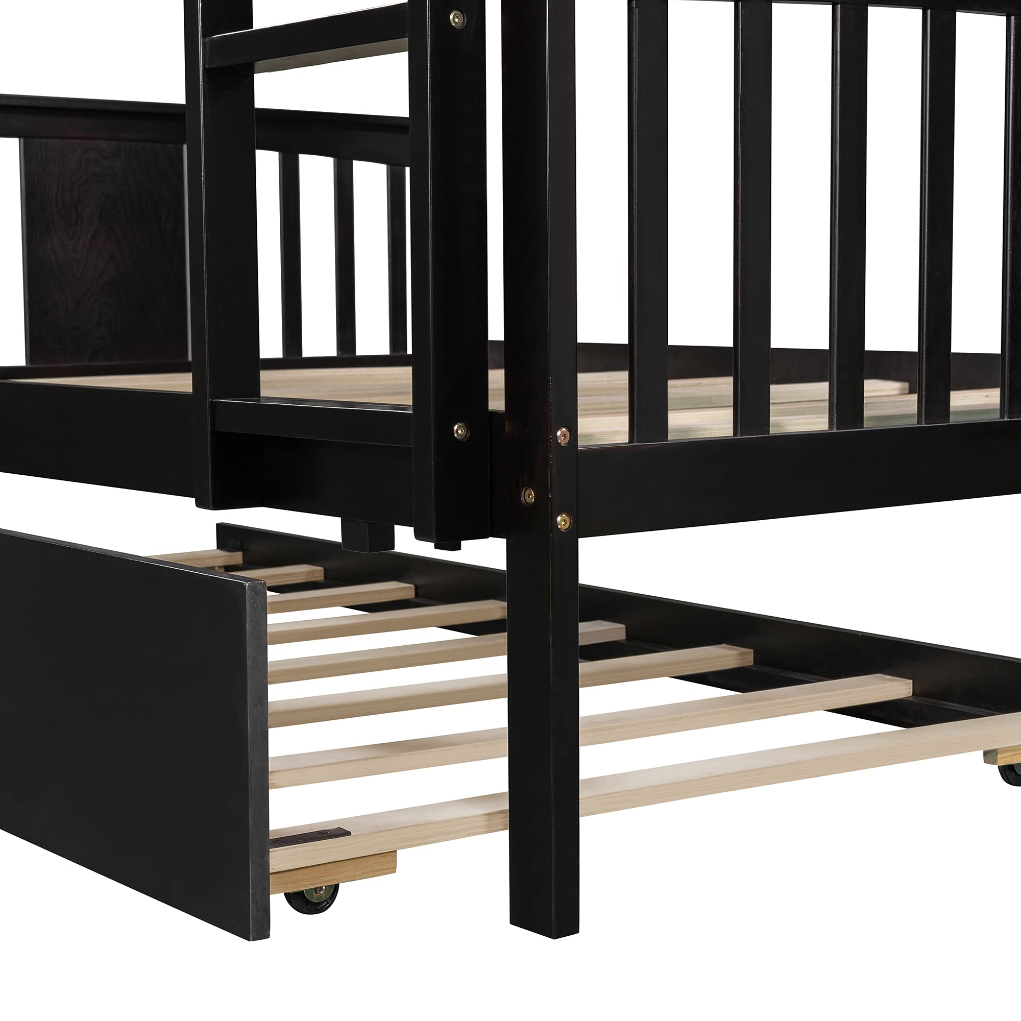 Full Over Full Bunk Bed with Twin Trundle - Solid Wood Bunk Bed Frame with Safety Guard Rails & Ladder for Kids, Teens & Adults - Converts to 2 Separate Beds - No Box Spring Needed - Espresso Finish - Perfect for Kids' Bedrooms, Guest Rooms & Small Spaces