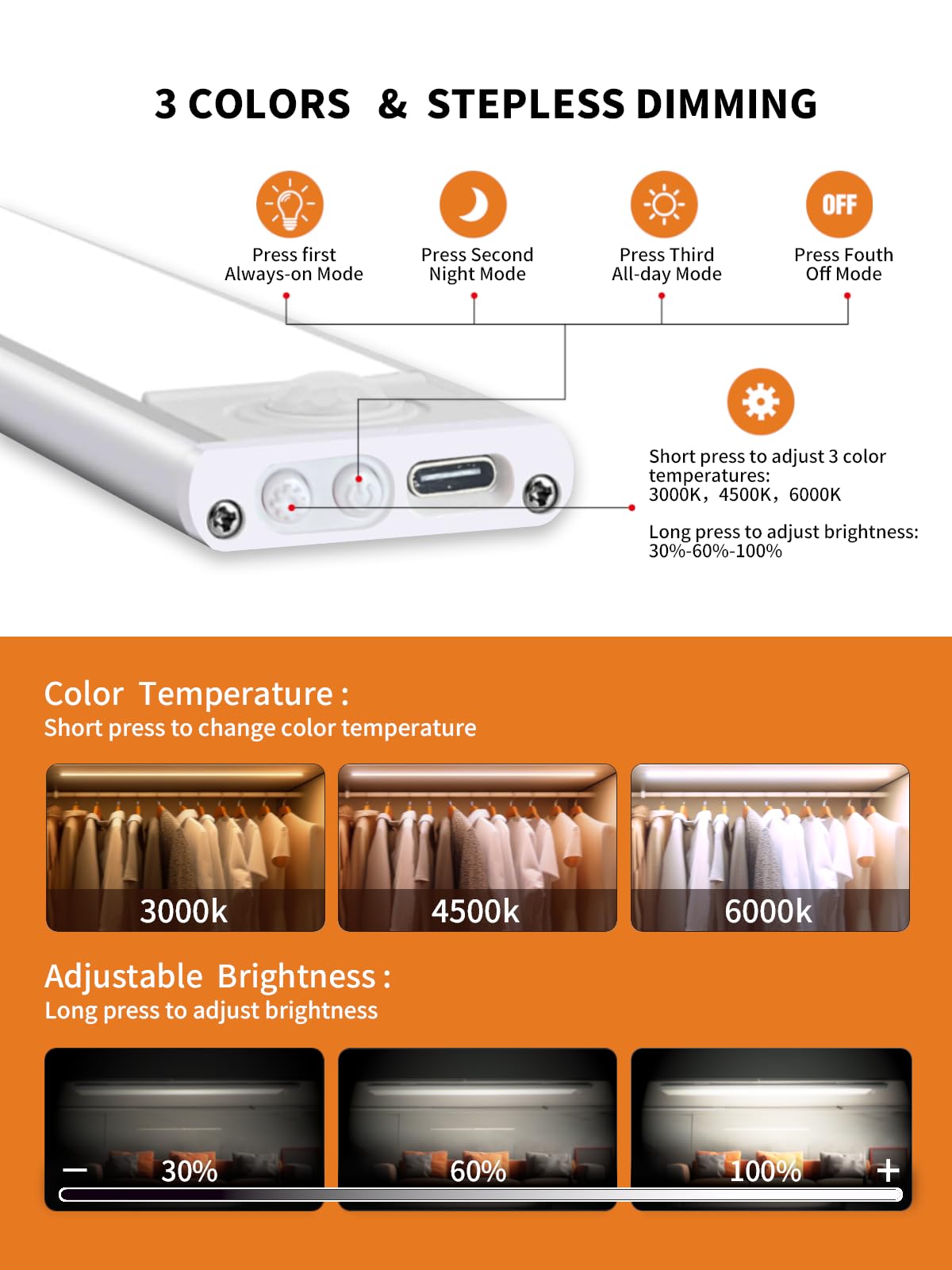 3Pack 40CM 74LED Aluminum Under Cabinet Lighting - Motion Sensor Closet LED Light Strips, Dimmable Wireless Rechargeable Battery Operated - 3 Color Changing Indoor LED Light Bars for Bedroom, Kitchen, Stairs, Wardrobe & Hallway Lighting