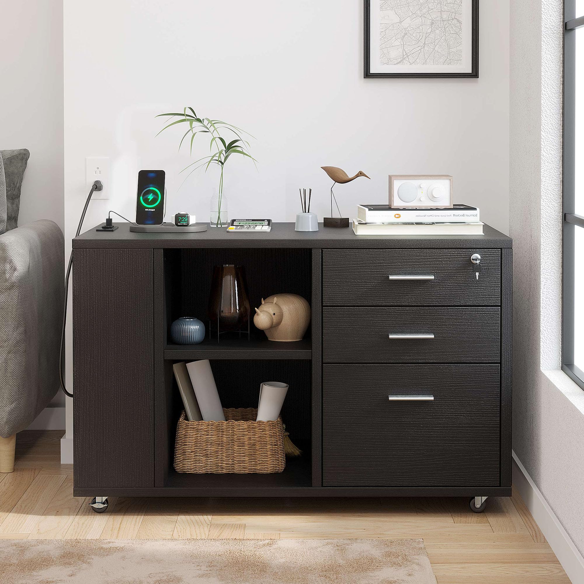 YITAHOME Black File Cabinet with USB Charging Station - Mobile Lateral Filing Cabinet with Lock for Home Office, Printer Stand with Open Storage Shelf - Perfect for Home Office Organization & Workspace Storage