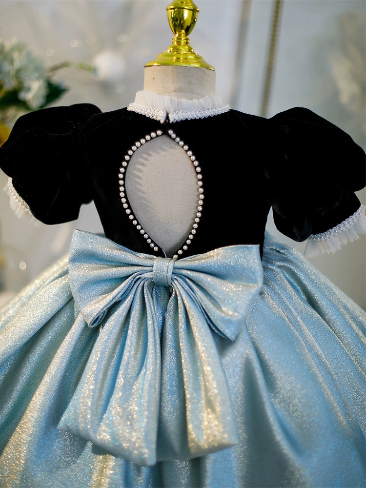 Black Satin Princess Mock Neck Flower Girl Dress for Weddings, Pageants & Special Occasions
