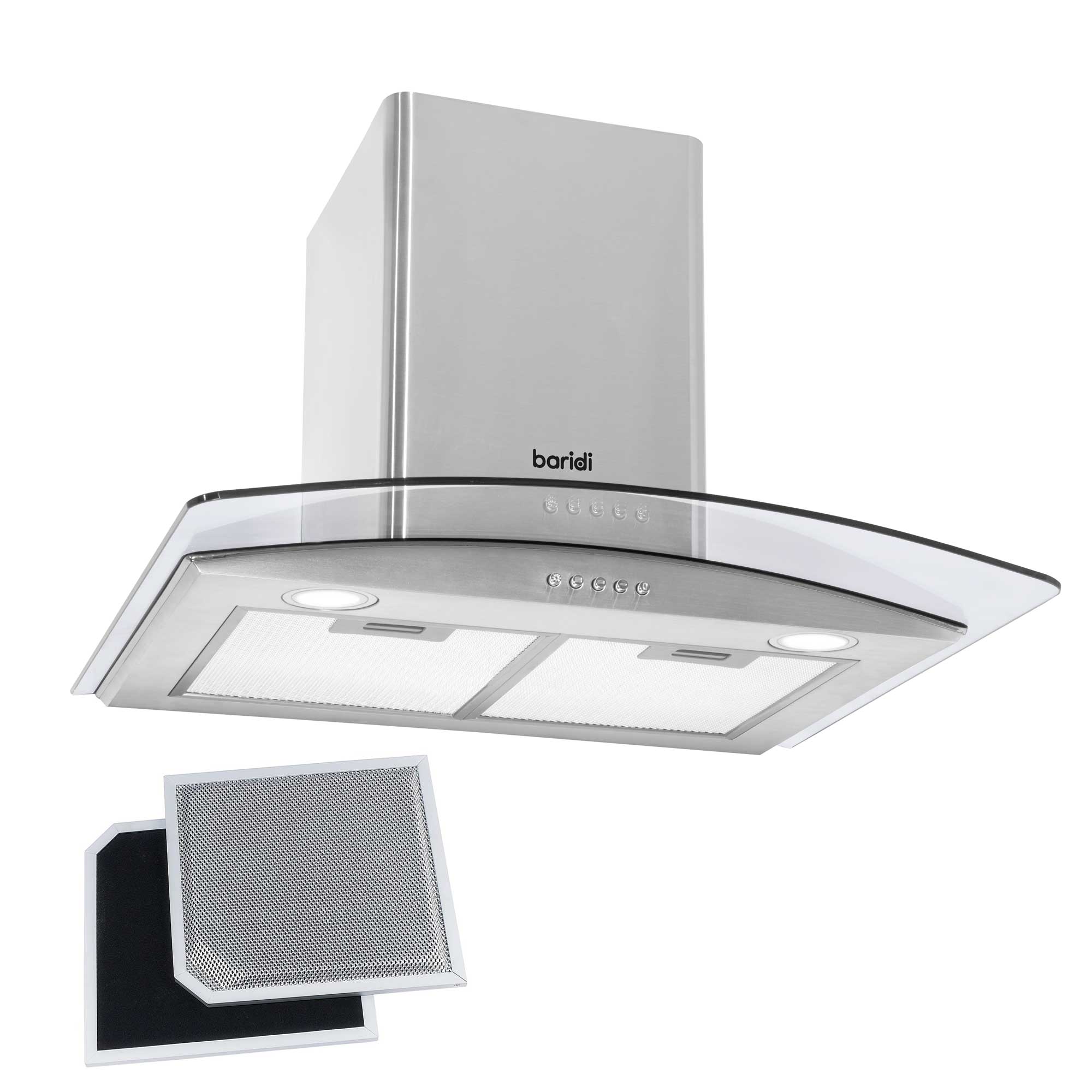 Baridi 60cm Curved Glass Range Hood with Carbon Filters & LED Lights - Stainless Steel Kitchen Exhaust Fan - DH128 Model for Modern Home Cooking Ventilation