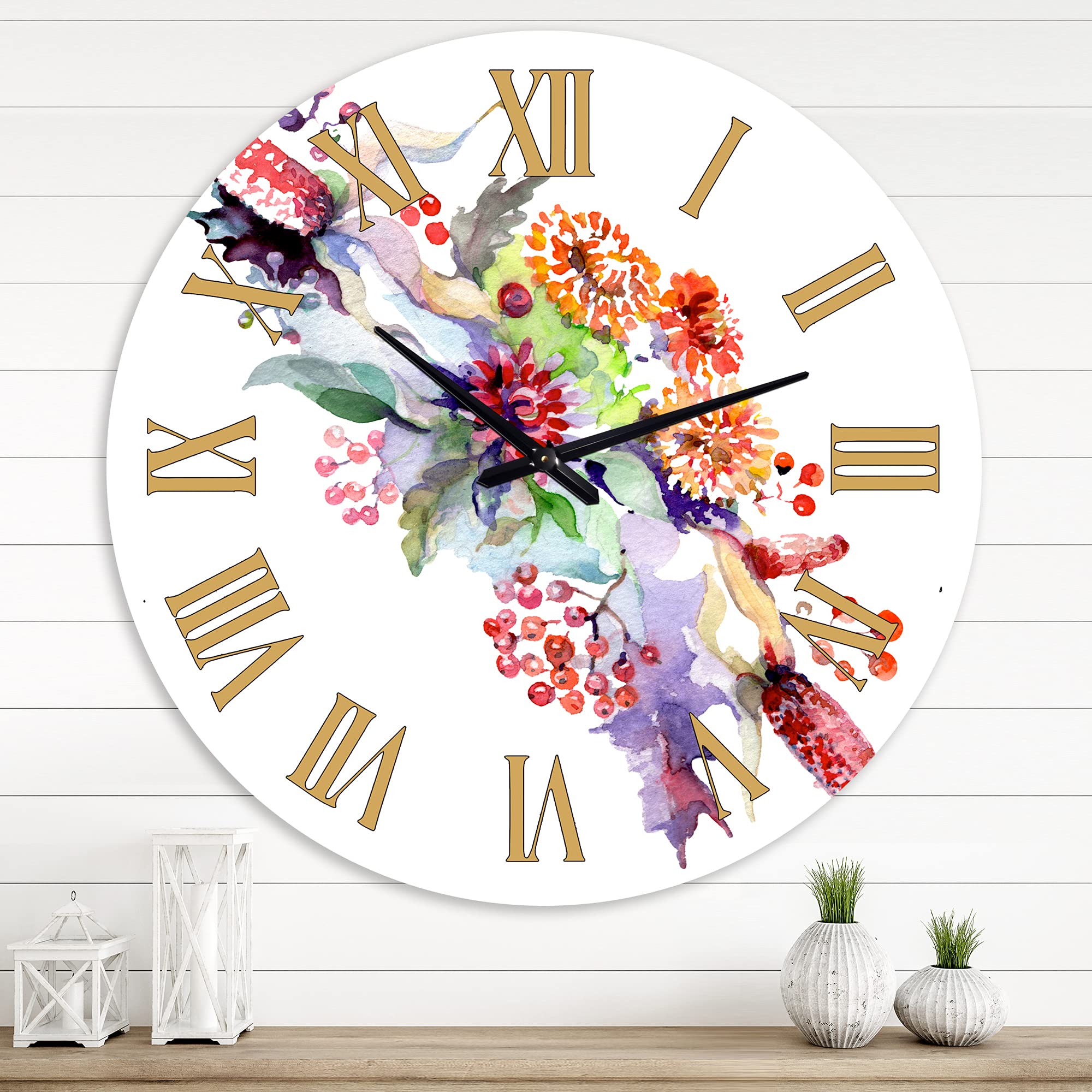 DesignQ Traditional Wall Clock - Large Floral & Botanical Wall Clock with Wildflowers and Berries for Home, Office, Living Room Decor | Perfect for Farmhouse, Vintage & Rustic Interior Design