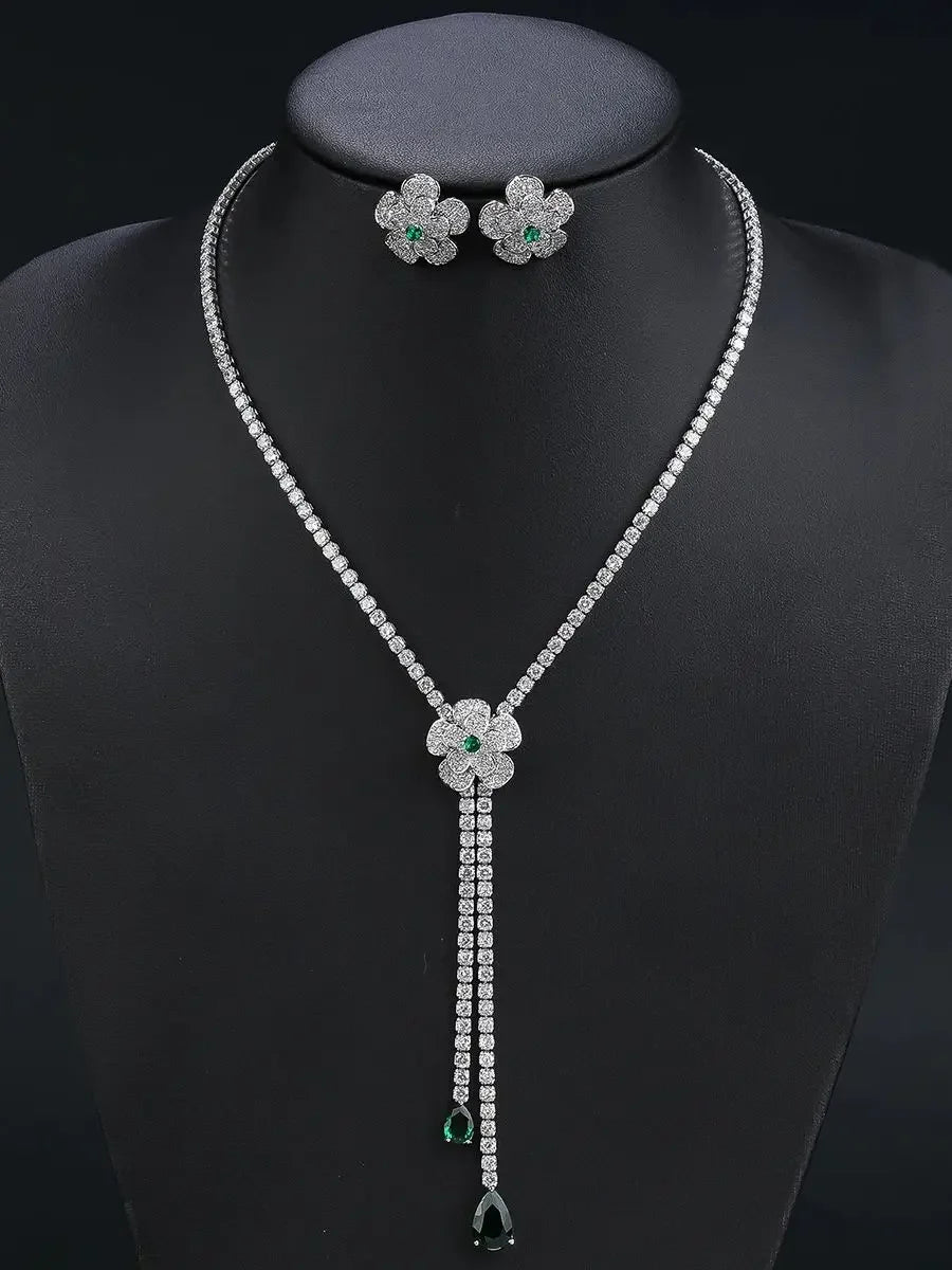 Elegant Floral Y Necklace & Earrings 2-Piece Set for Women - Wedding, Bridal, Party Jewelry Accessories - Perfect for Bridesmaids, Prom, and Formal Events